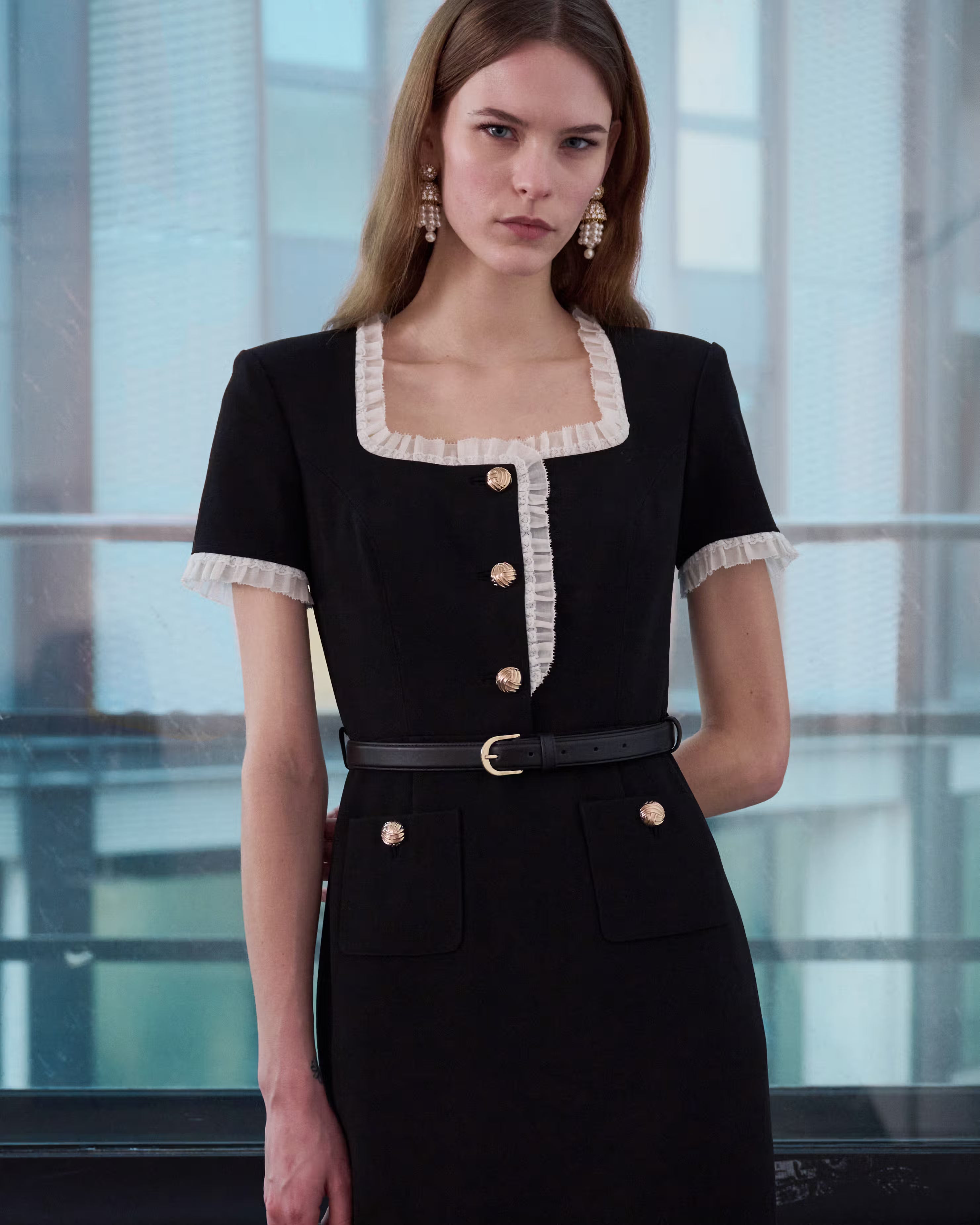 Self Portrait Black Crepe Contrast Frill Midi Kleid Schwarz