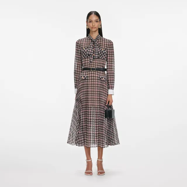 Self Portrait Brown Check Chiffon Midi Kleid Braun