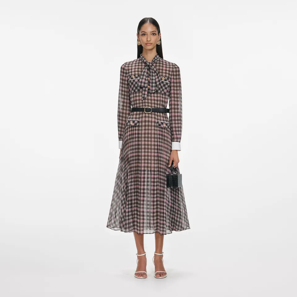Self Portrait Brown Check Chiffon Midi Kleid Braun