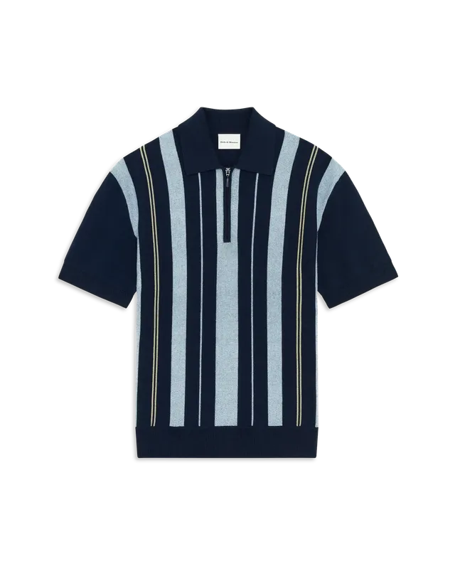 Drôle De Monsieur Striped Zipped Strickpolo navy Wolle