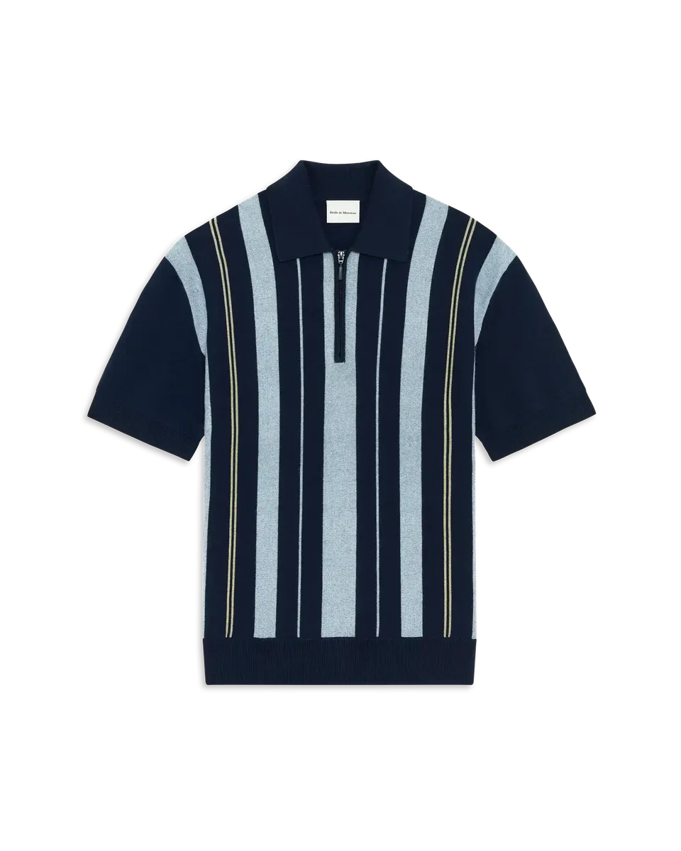 Drôle De Monsieur Striped Zipped Strickpolo navy Wolle