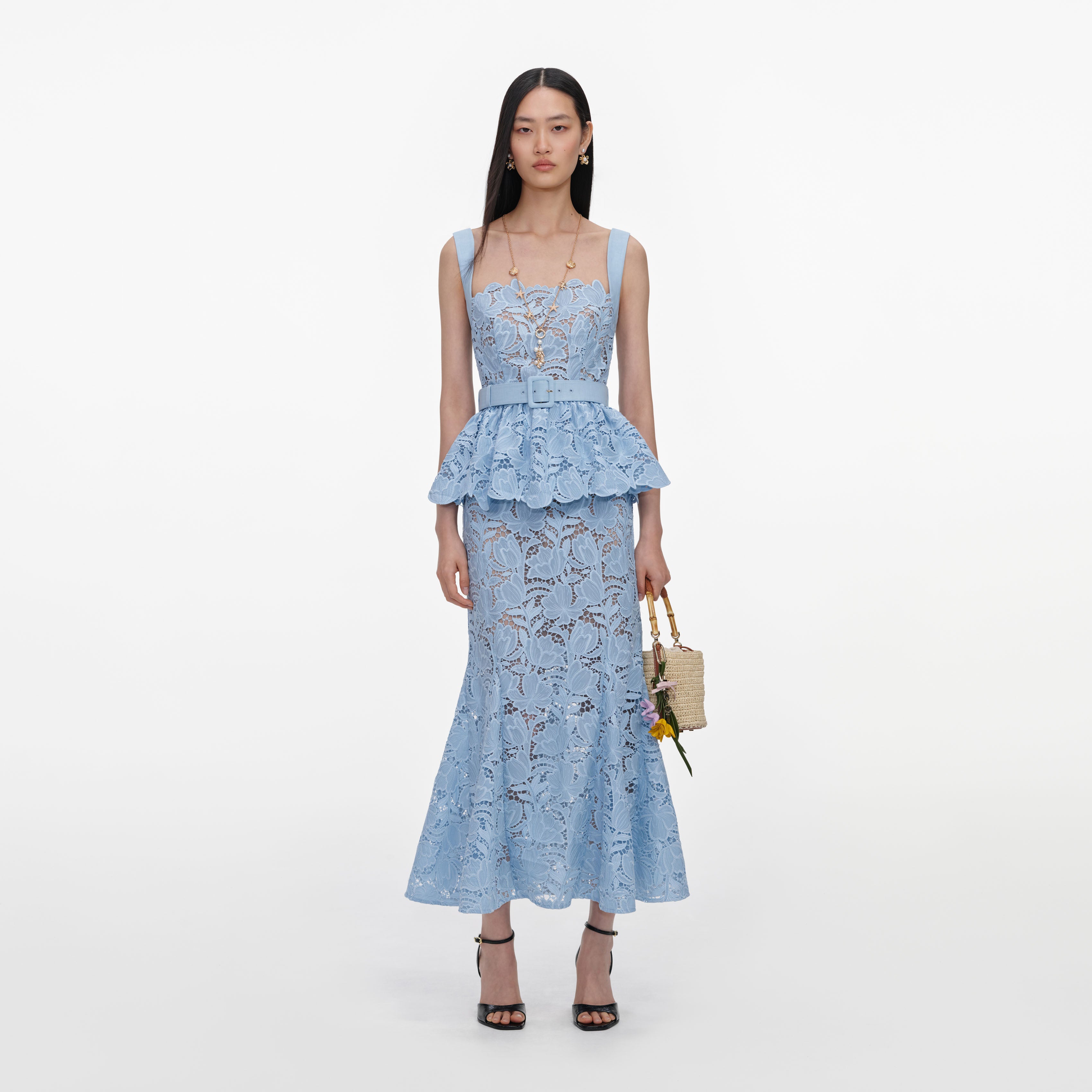 Self Portrait Blue Lace Peplum Midi Kleid Blau Spitze