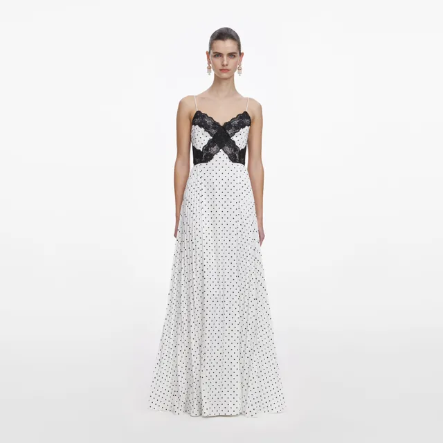Self Portrait White Polka Dot Satin Maxi Kleid Weiß