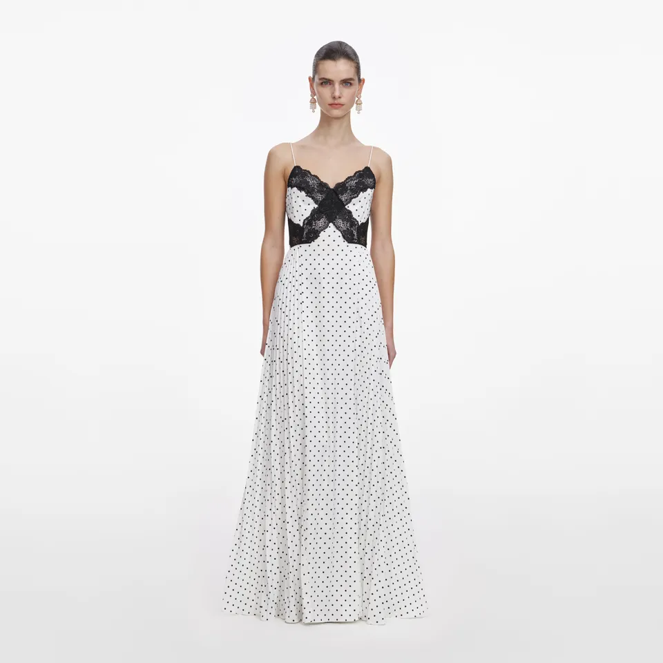 Self Portrait White Polka Dot Satin Maxi Kleid Weiß