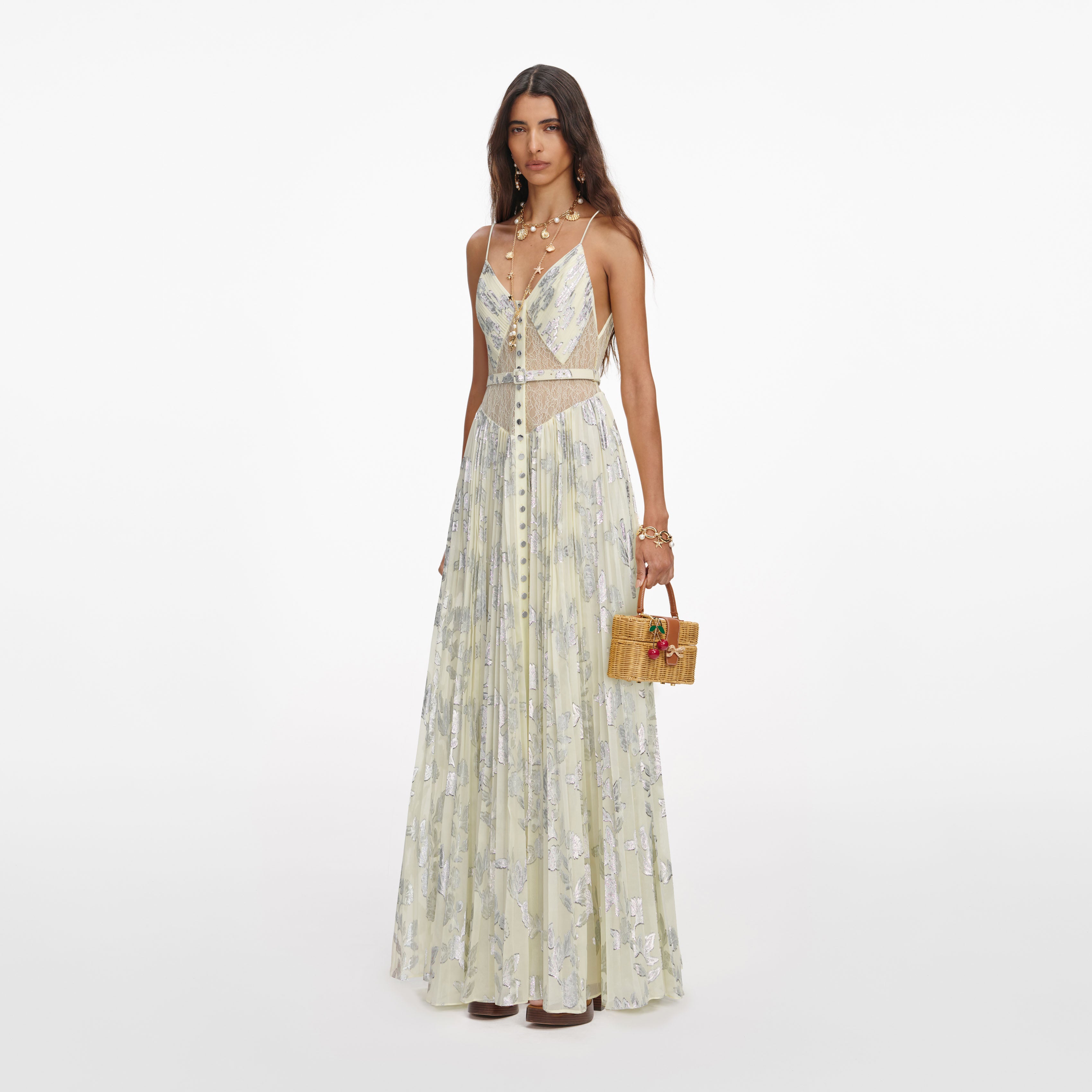 Self Portrait Yellow Metallic Chiffon Maxi Dress Gelb