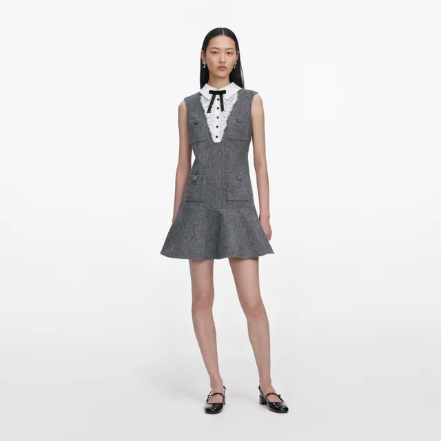 Self Portrait Grey Herringbone Lace Bib Mini Kleid Grau