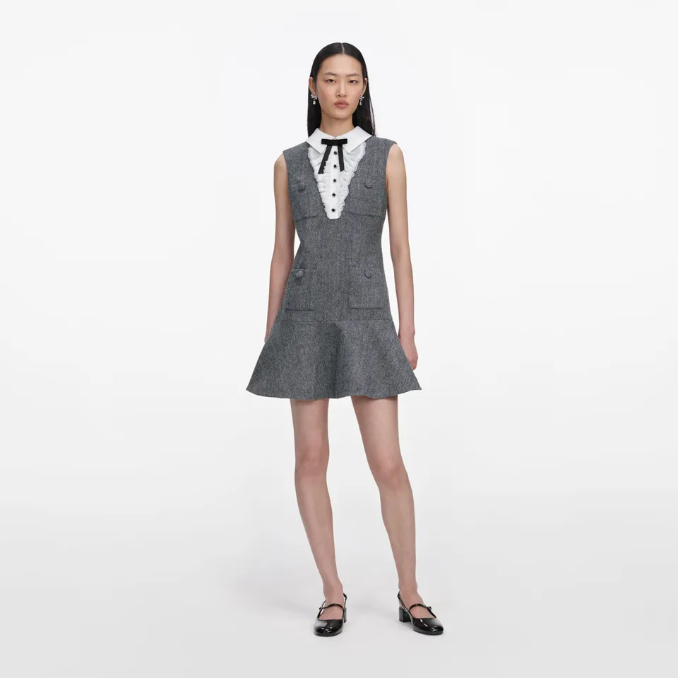 Self Portrait Grey Herringbone Lace Bib Mini Kleid Grau