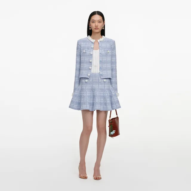Self Portrait Blue Check Strick Minirock Blau Perlen