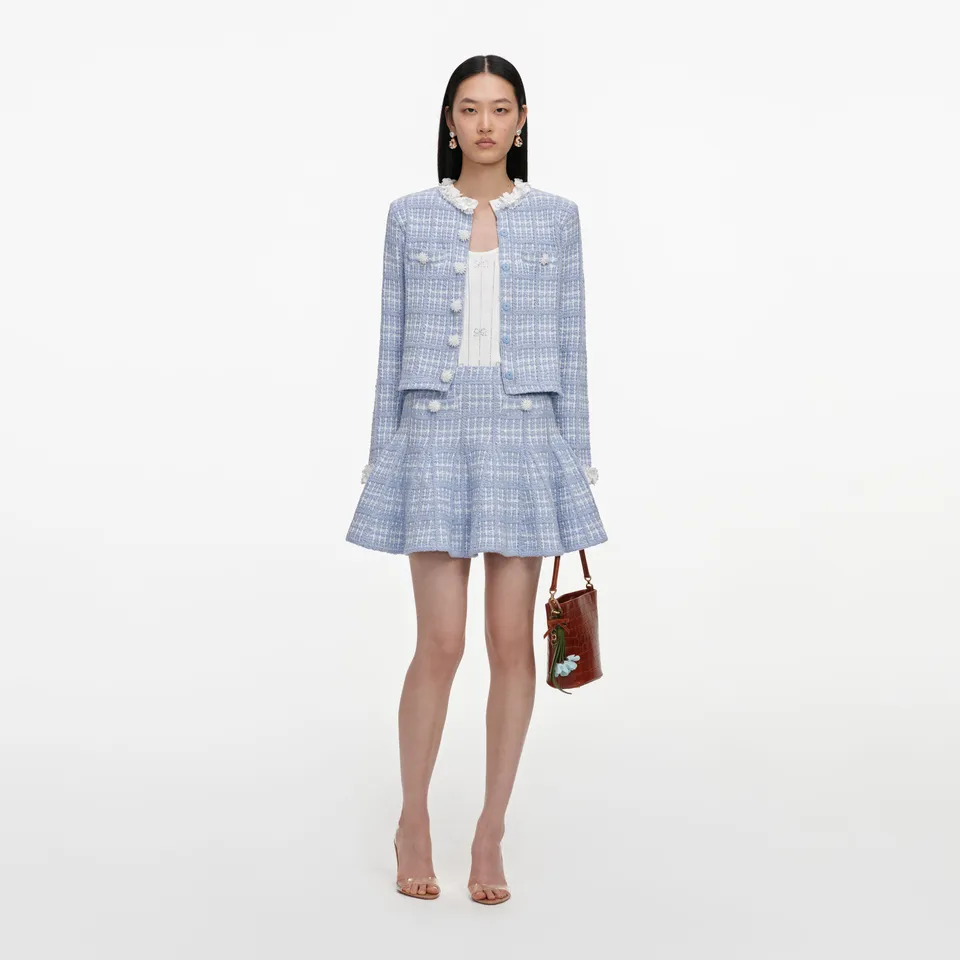 Self Portrait Blue Check Strick Minirock Blau Perlen