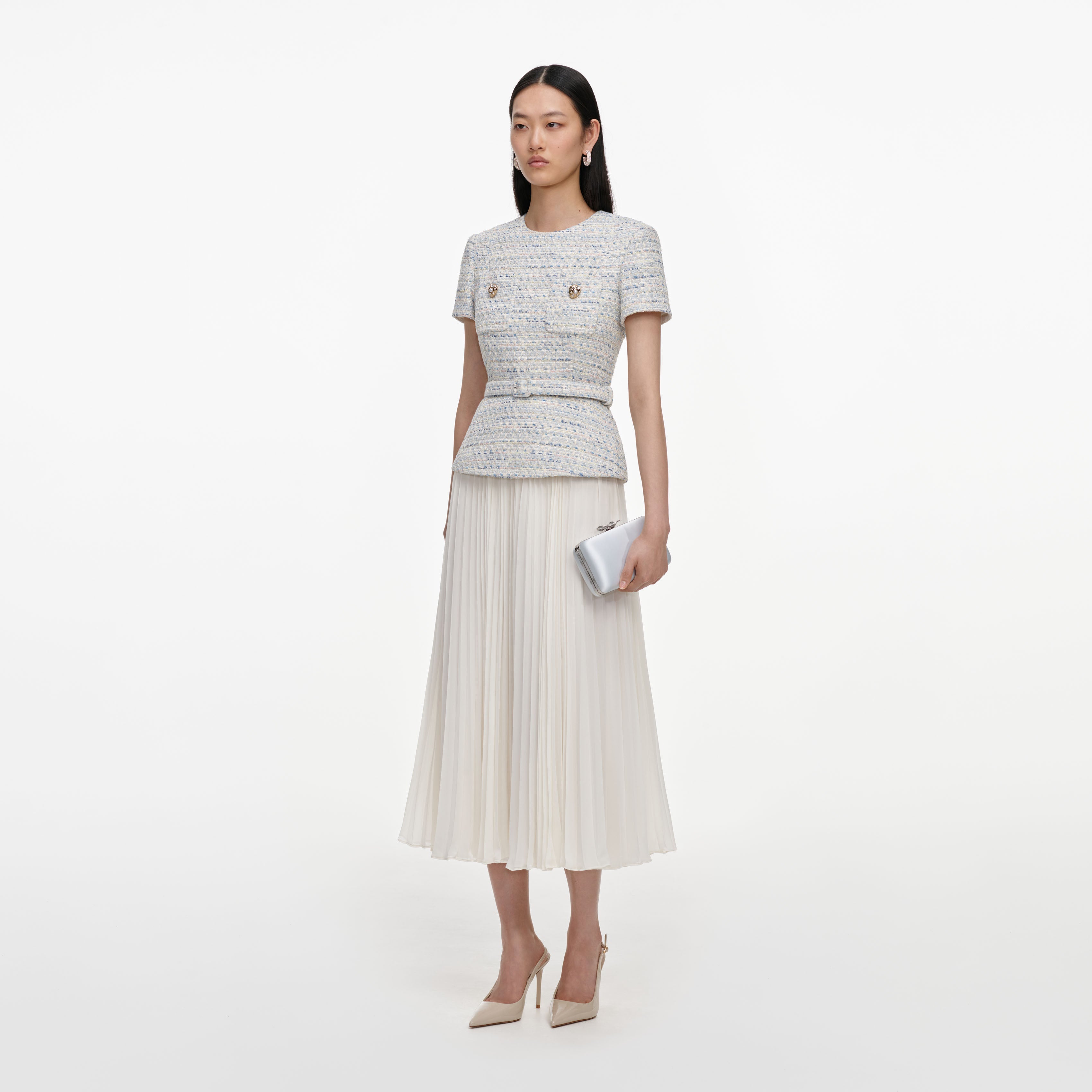 Self Portrait Boucle Chiffon Midikleid blau UK 8