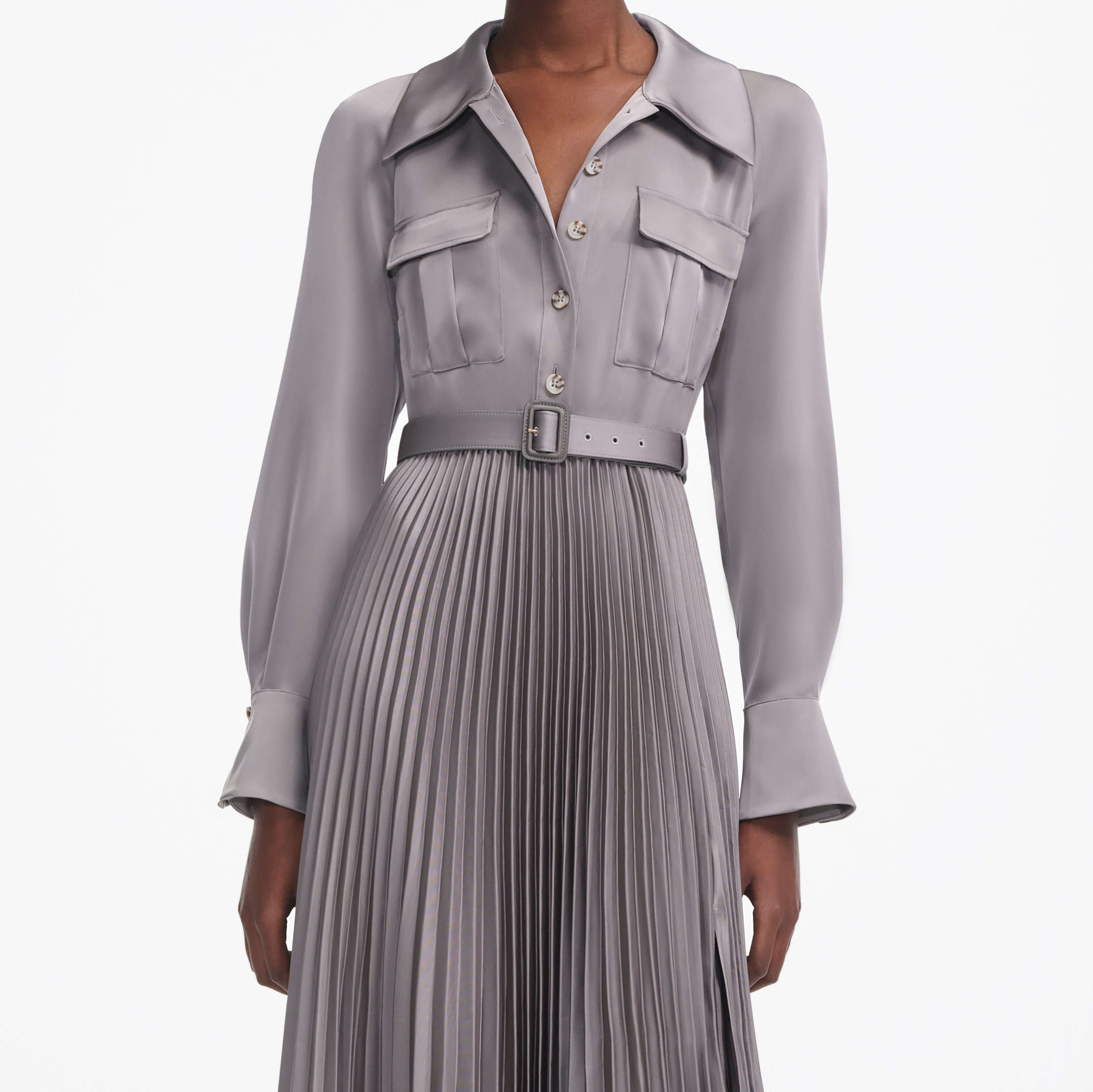 Self Portrait Grey Satin Pleated Maxi Kleid UK 8