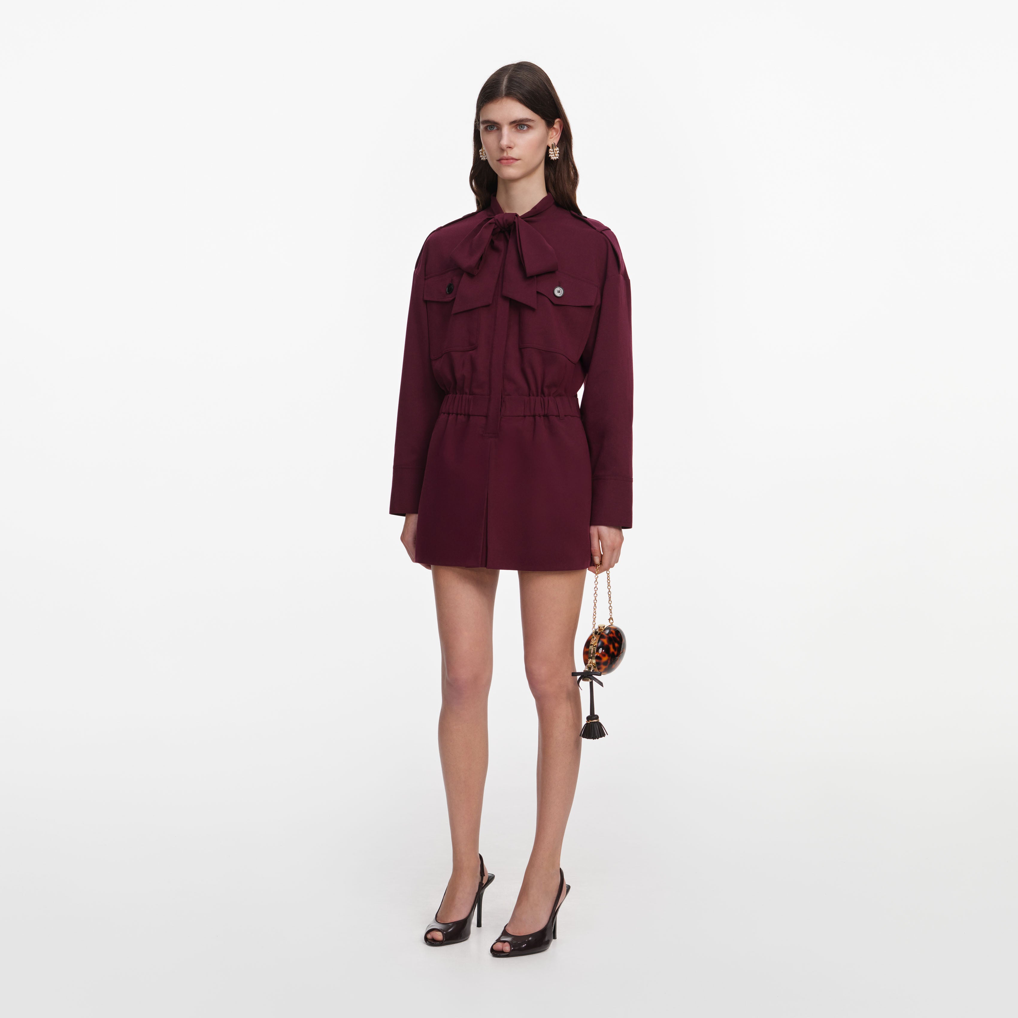 Self Portrait Plum Twill Tie Neck Playsuit Jumpsuit Burgundy