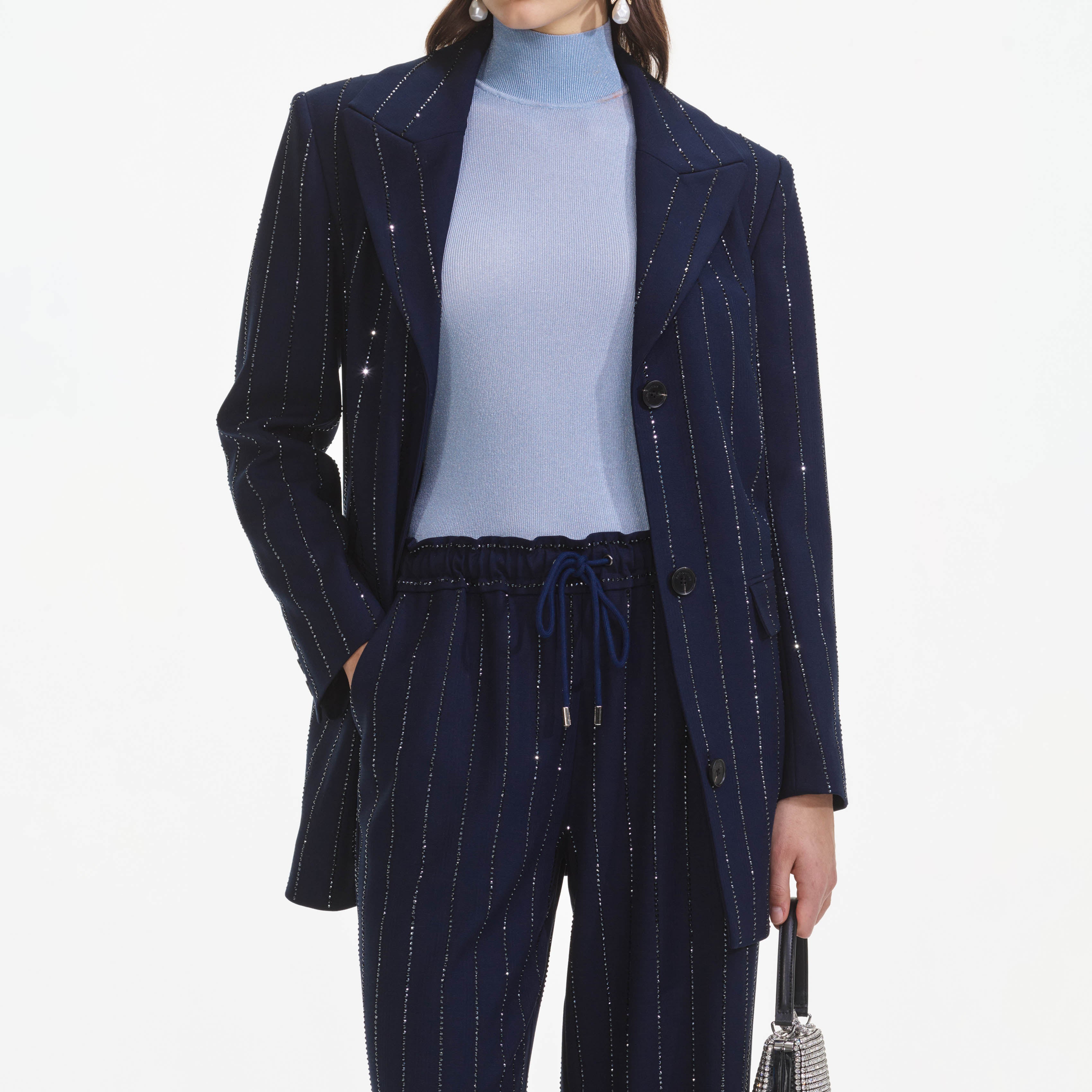 Self Portrait Pinstripe Hose Navy Strass UK 8 Crepe