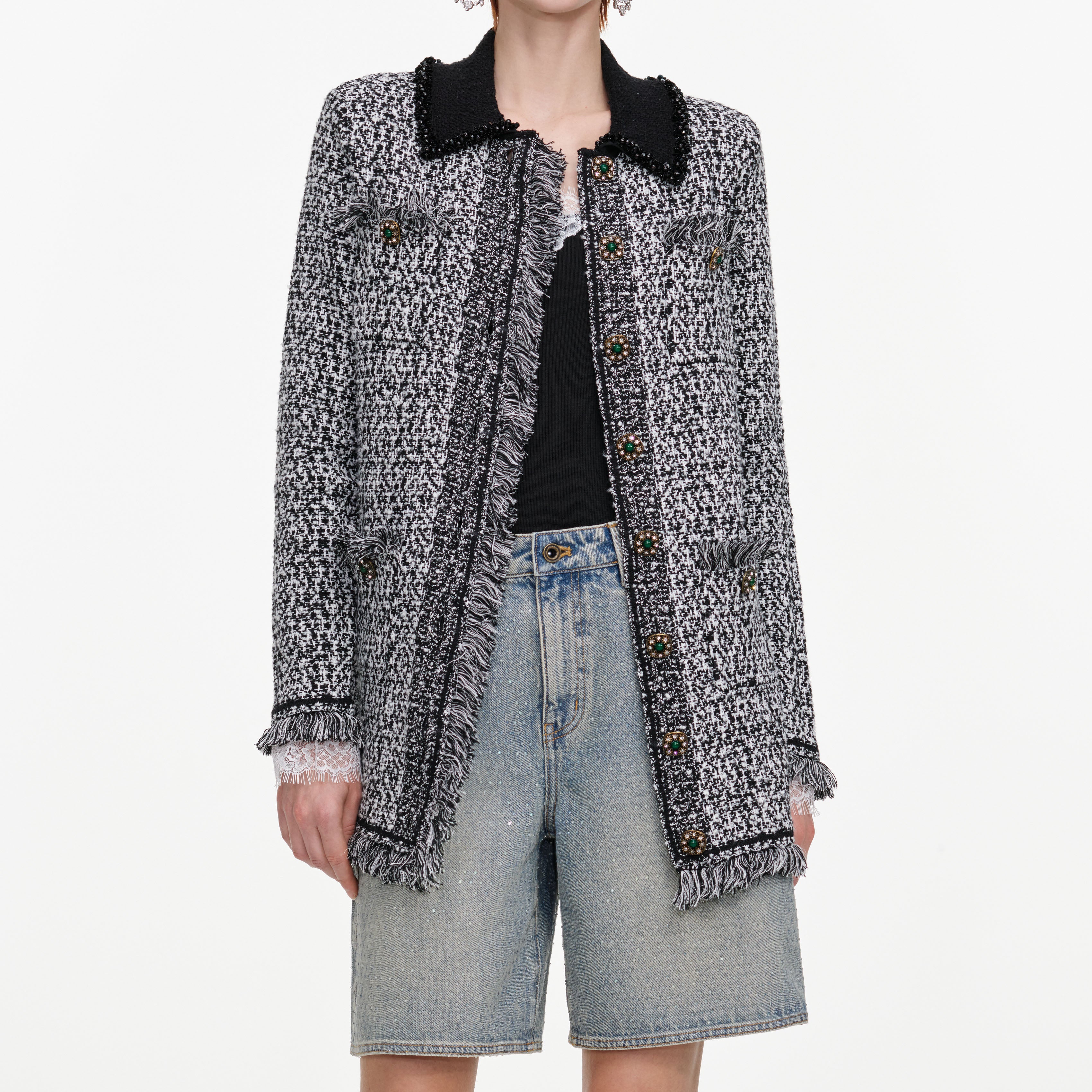 Self Portrait Knitwear Black White Textured Cardigan