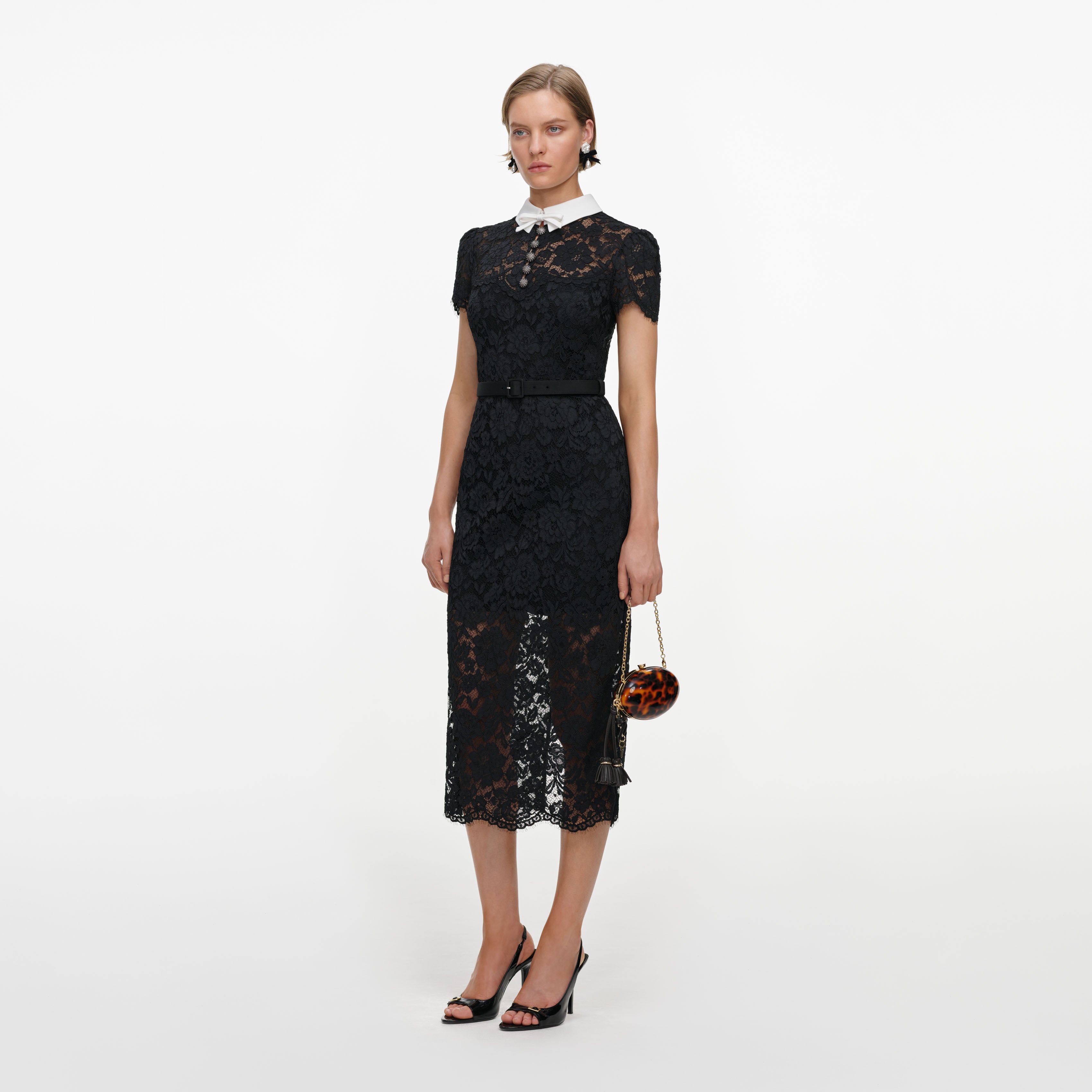 Self-Portrait Lace Contrast Collar Midi Kleid schwarz