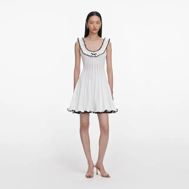 Self Portrait White Contrast Trim Knit Minikleid Strick Weiss