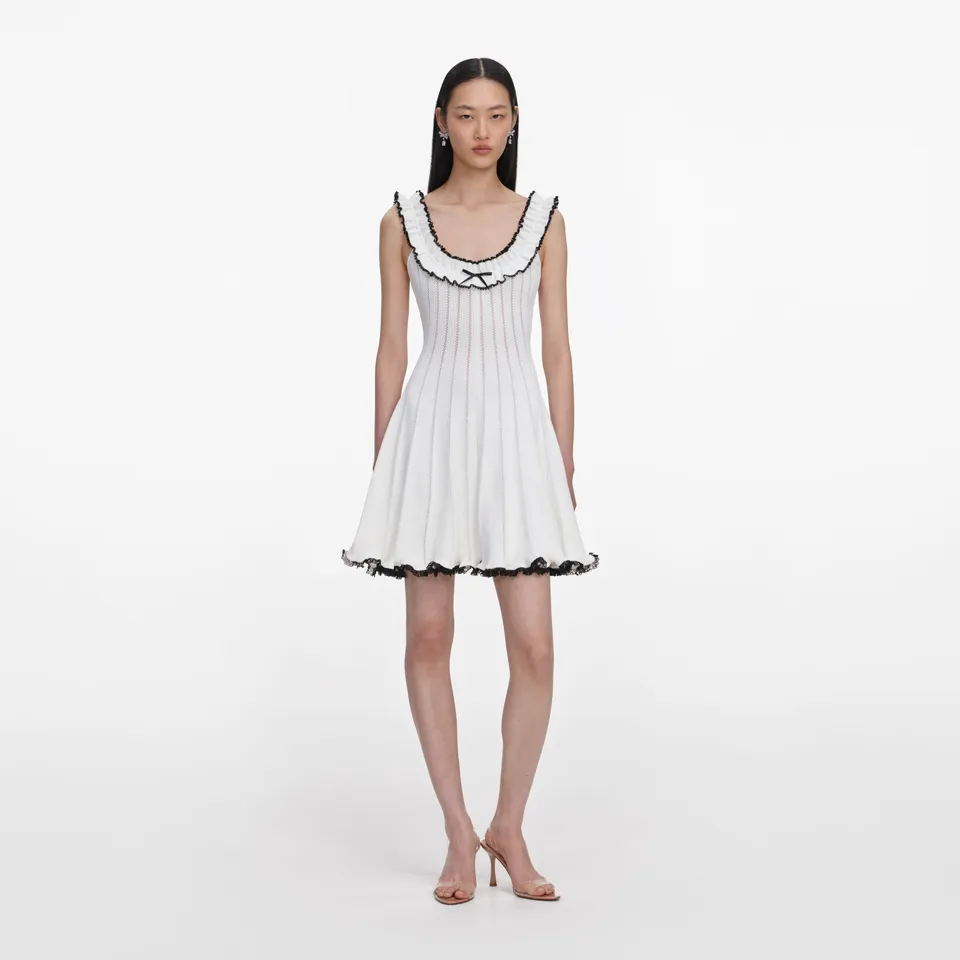 Self Portrait White Contrast Trim Knit Minikleid Strick Weiss