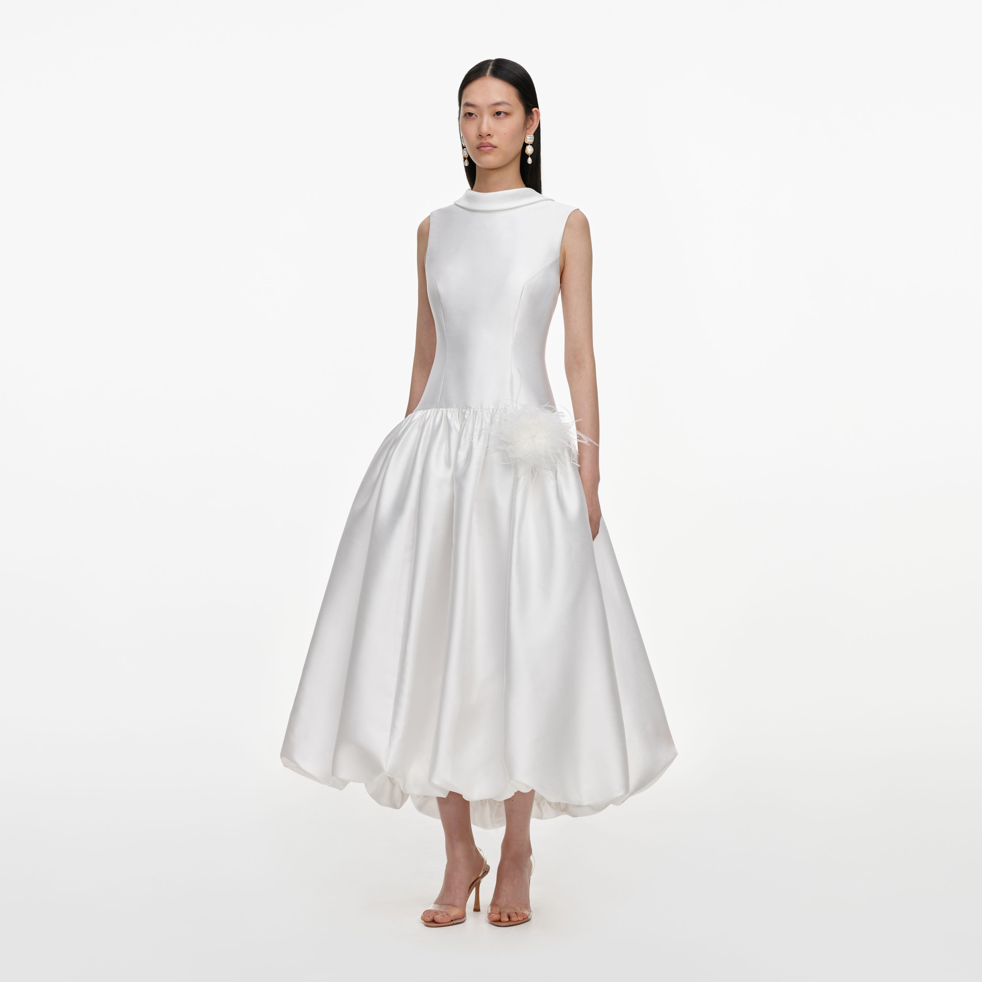 Self Portrait White Taffeta Bubble Hem Midi Kleid Weiß