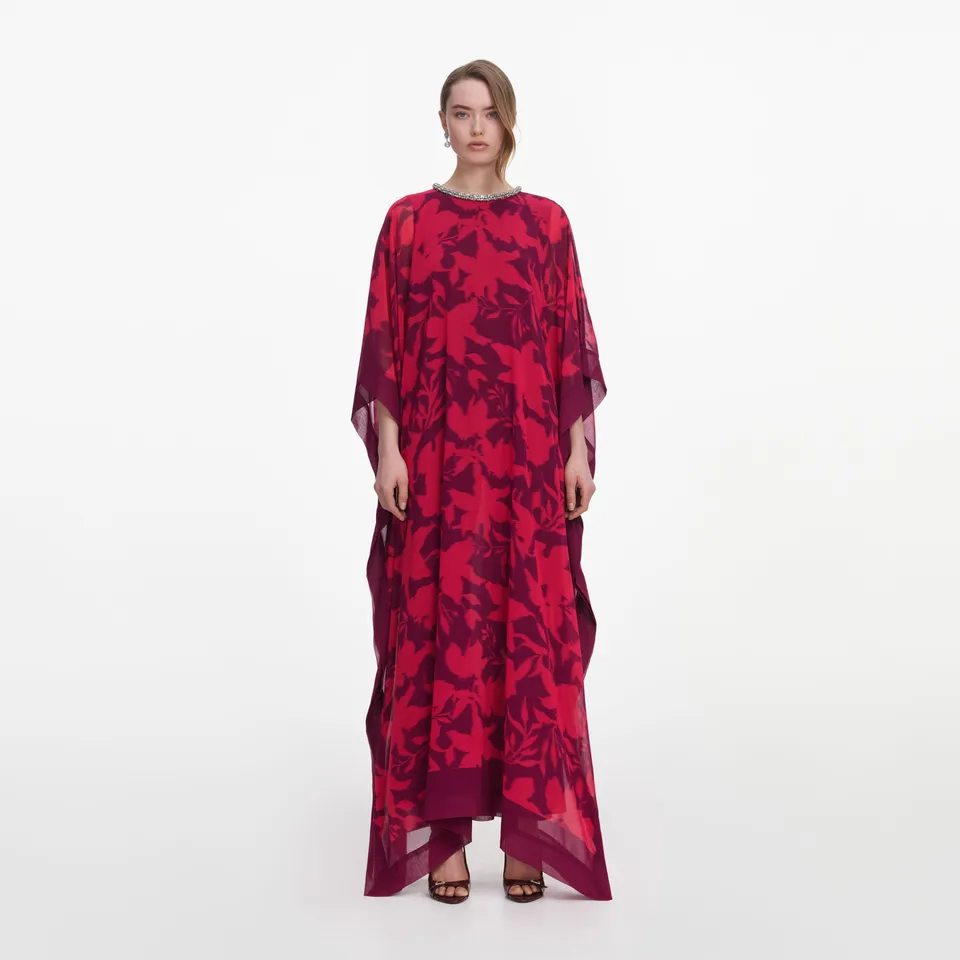 Self Portrait Swim Pink Floral Kaftan Kleid Rosa S