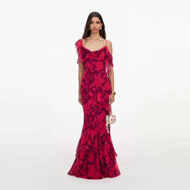 Self Portrait Floral Ruffle Maxikleid Pink Georgette UK 8