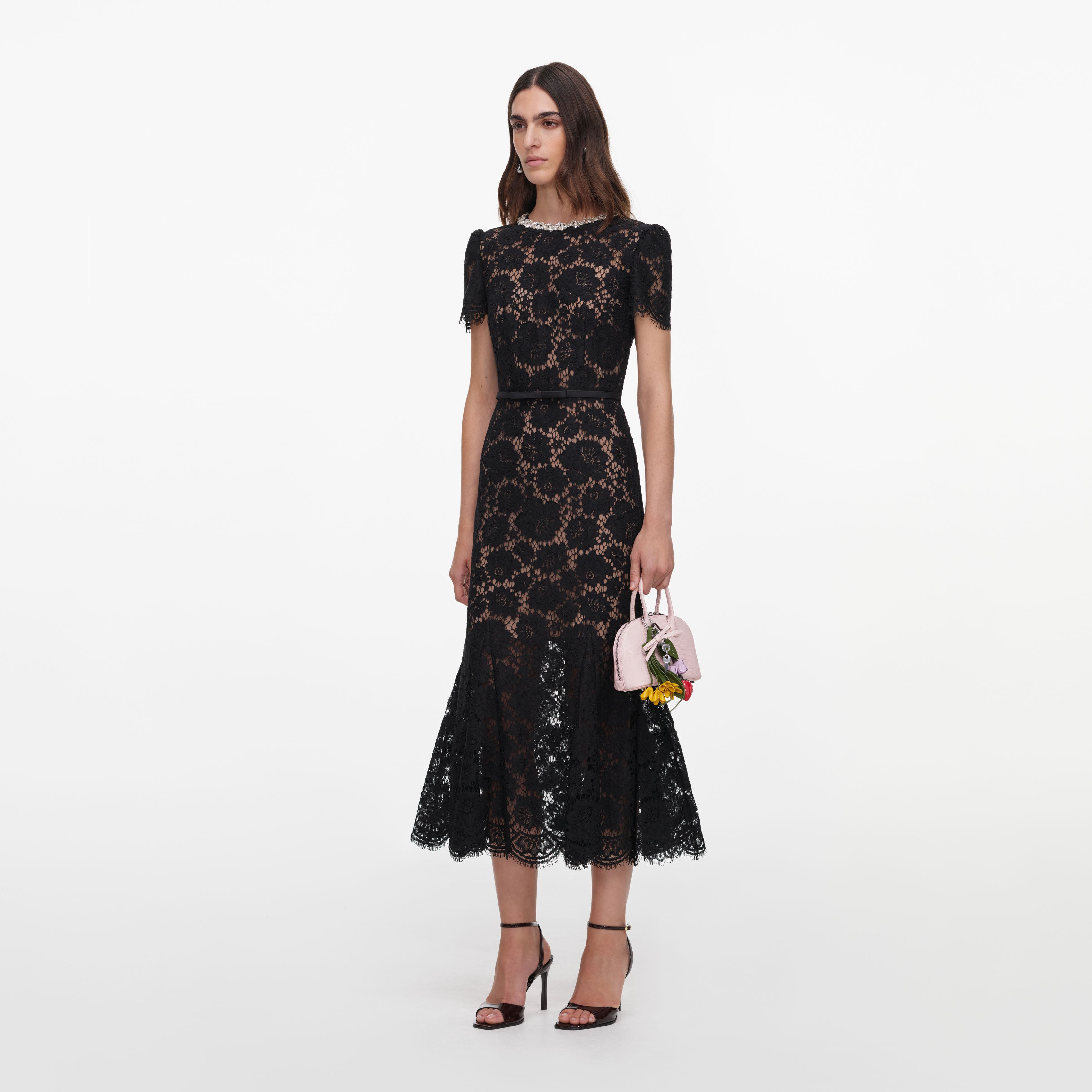 Self Portrait Lace Midikleid schwarz Spitze Strass Gürtel