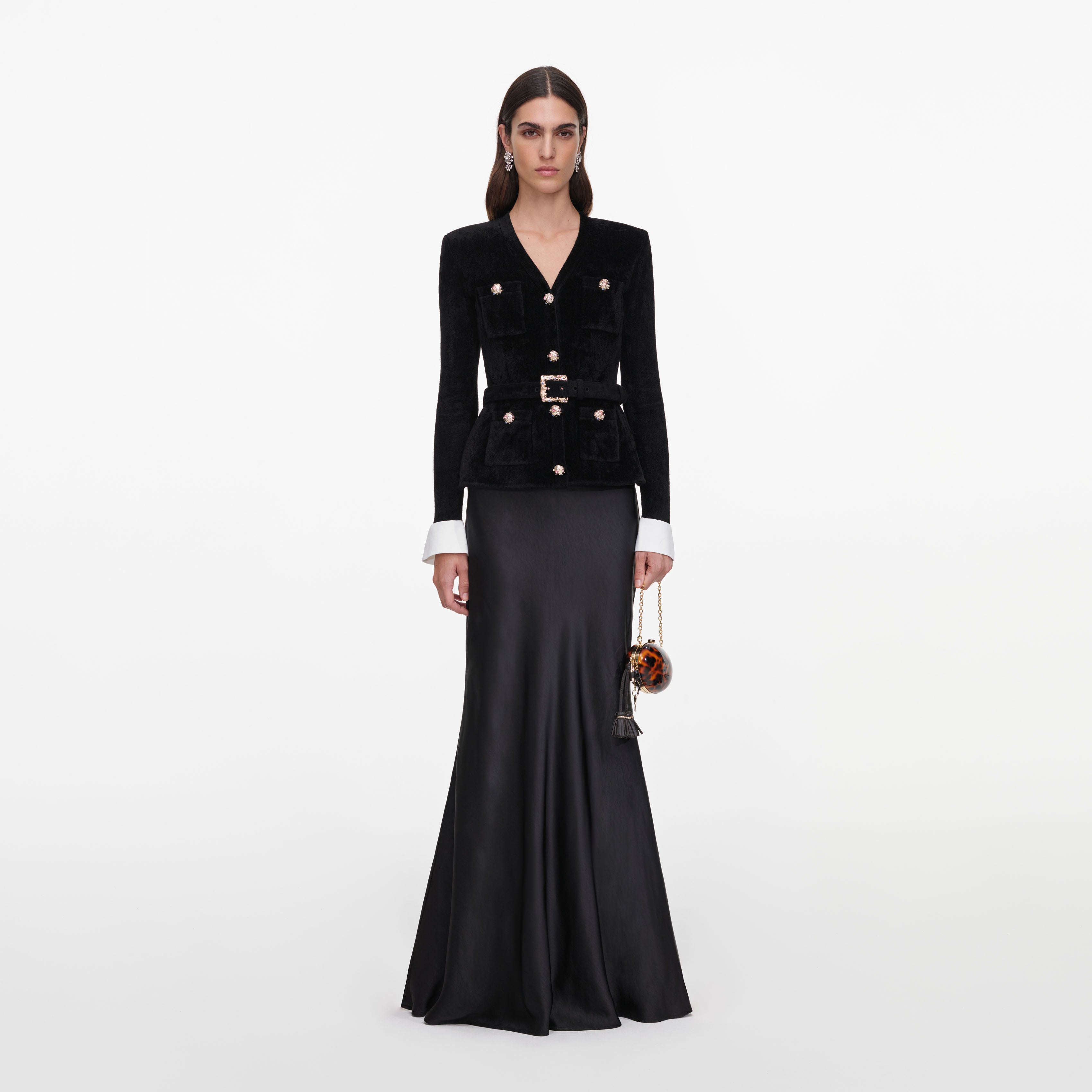 Self Portrait Black Chenille Maxikleid Schwarz Satin