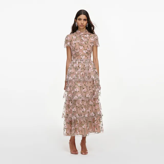 Self Portrait Pink Sequin Tiered Midi Kleid Rosa UK 8