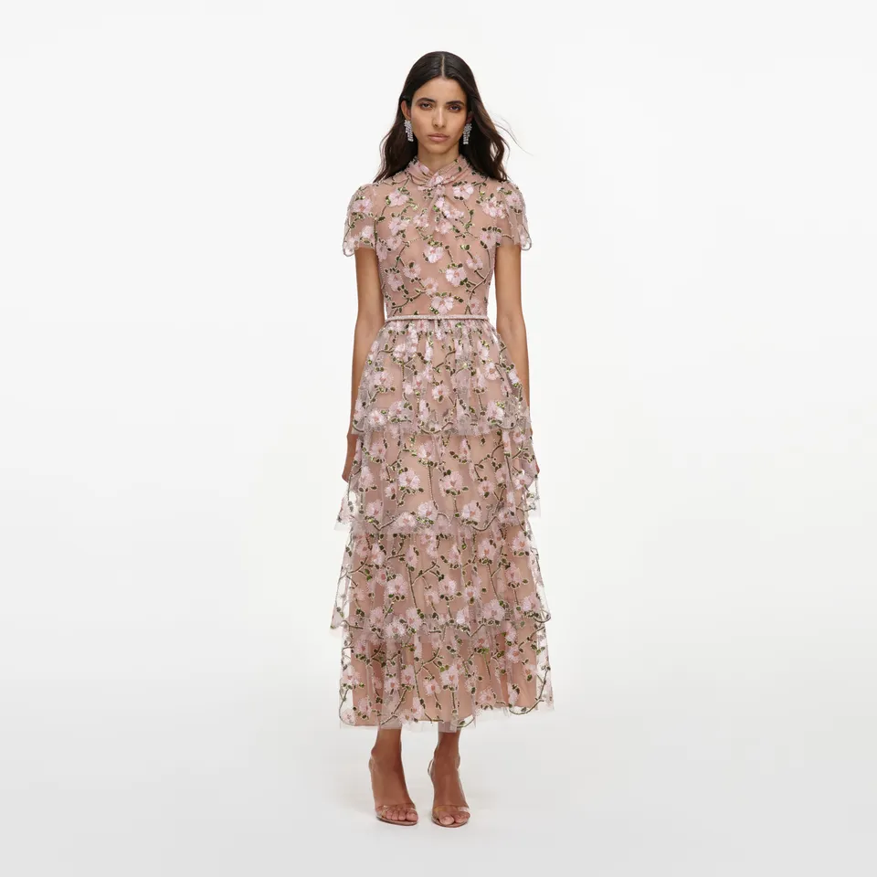 Self Portrait Pink Sequin Tiered Midi Kleid Rosa UK 8