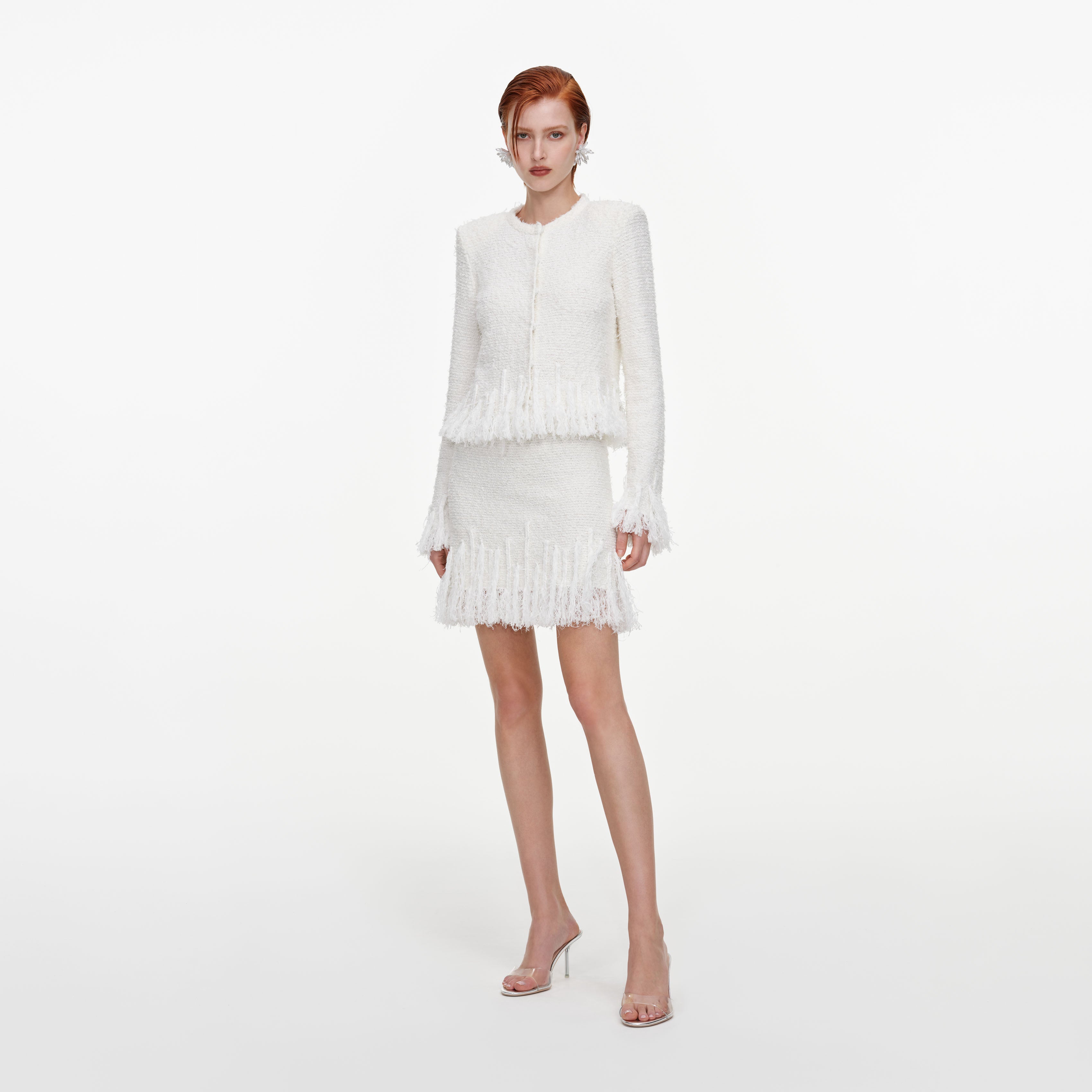 Self Portrait White Fringe Knit Mini Rock Strick Weiß