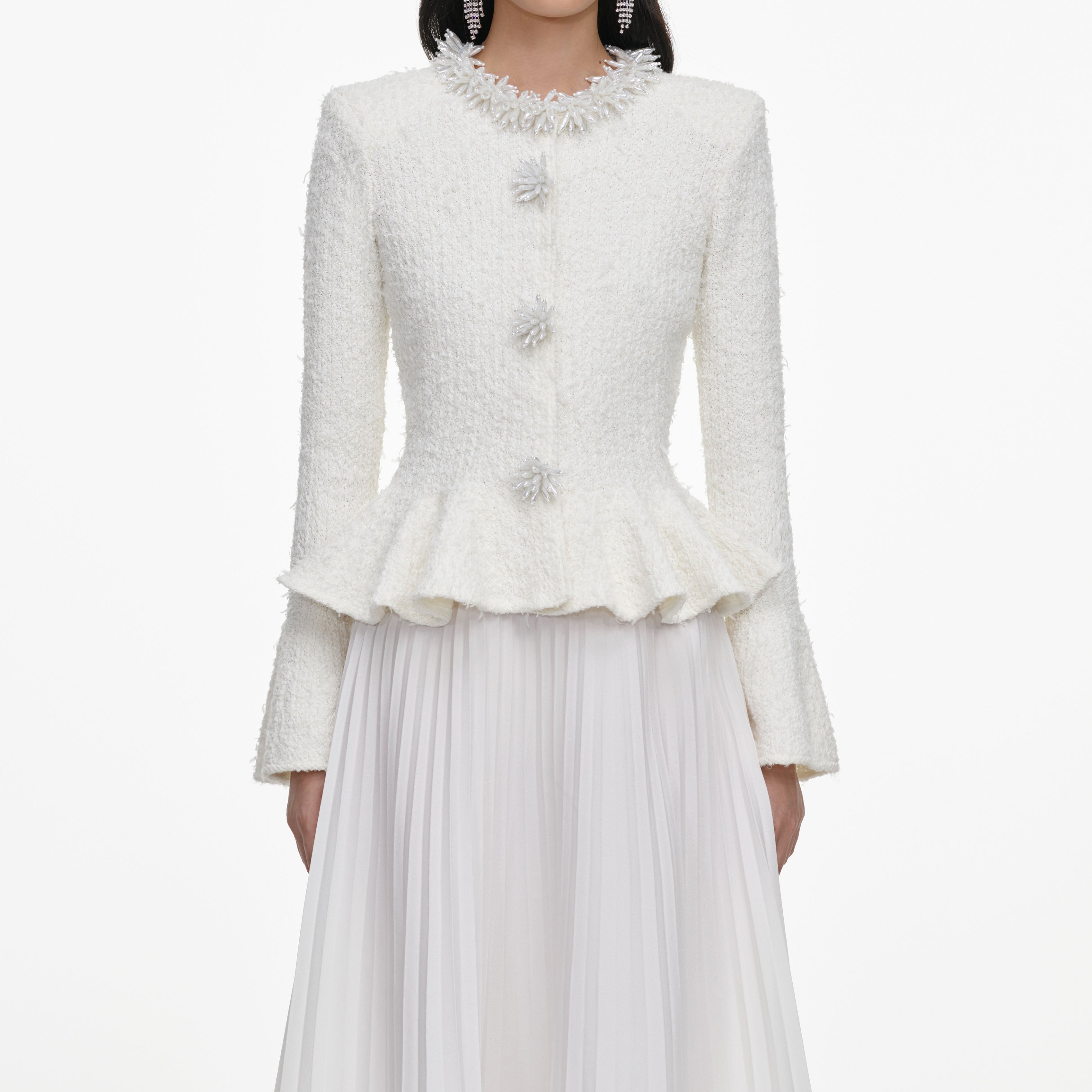 Self Portrait White Textured Knit Chiffon Midi Kleid Weiß