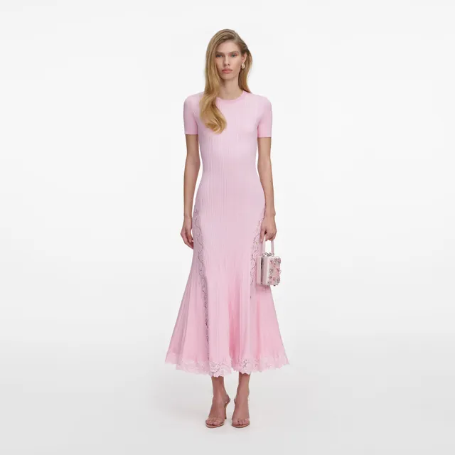 Self Portrait Pink Knit Lace Midi Kleid Rosa Spitze