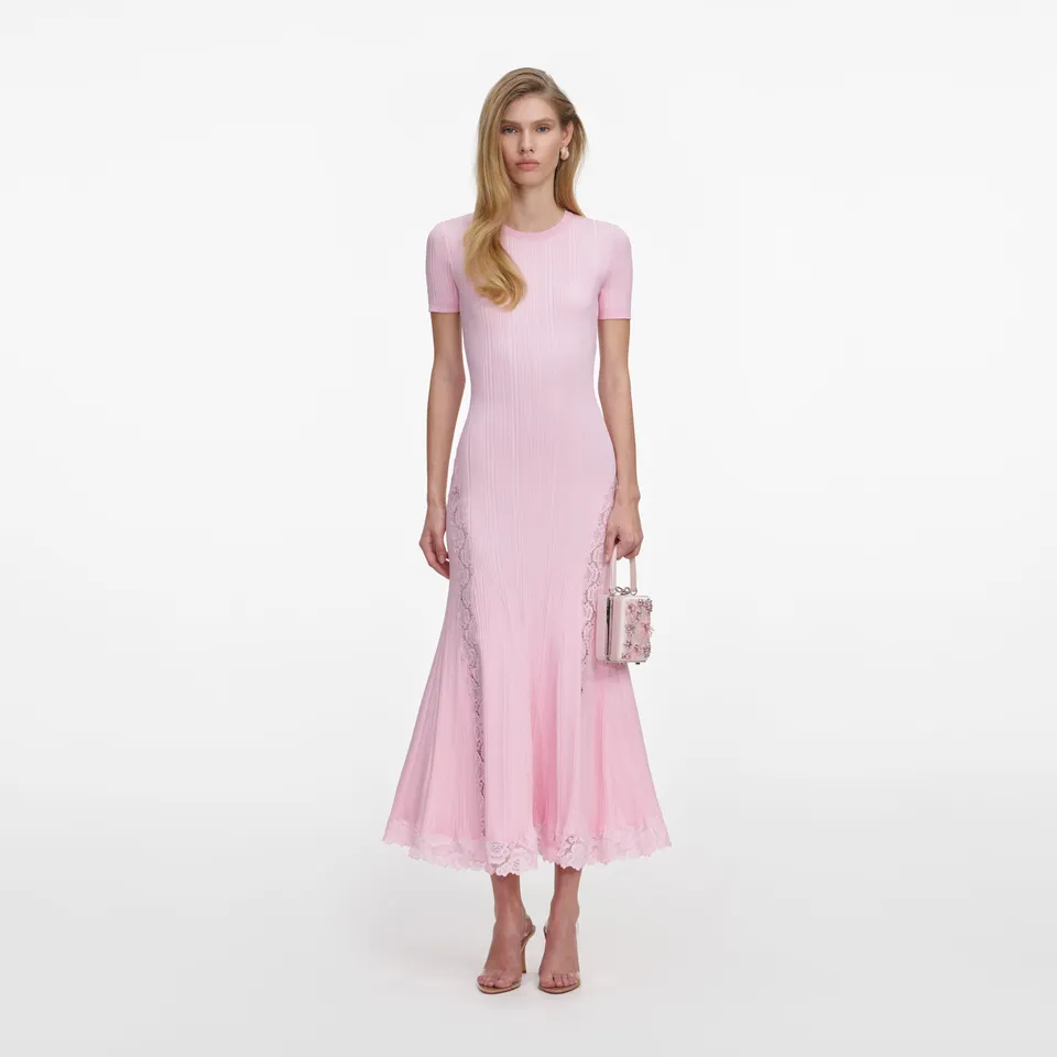 Self Portrait Pink Knit Lace Midi Kleid Rosa Spitze