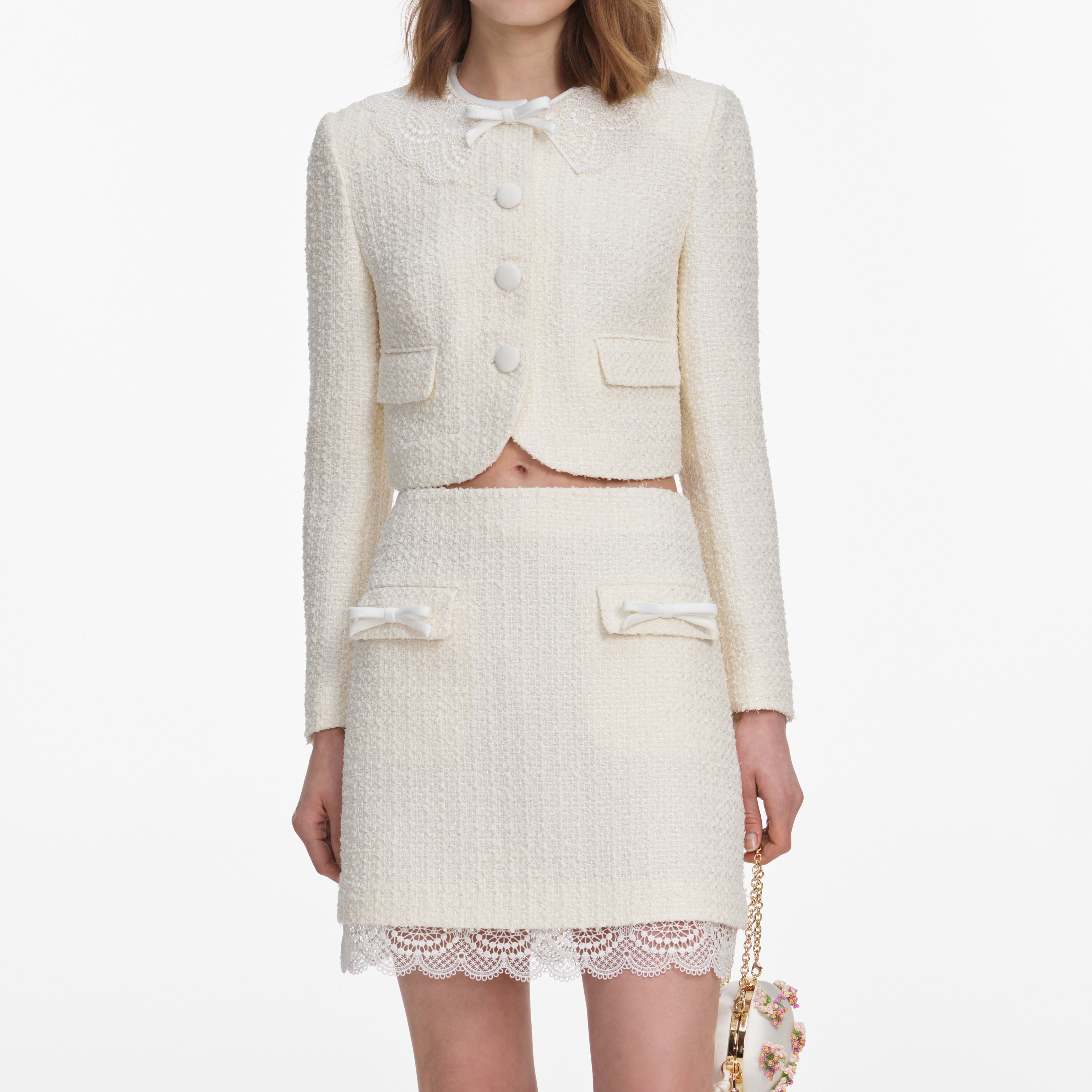 Self Portrait Cream Boucle Lace Minirock Creme UK 8 A-Linie