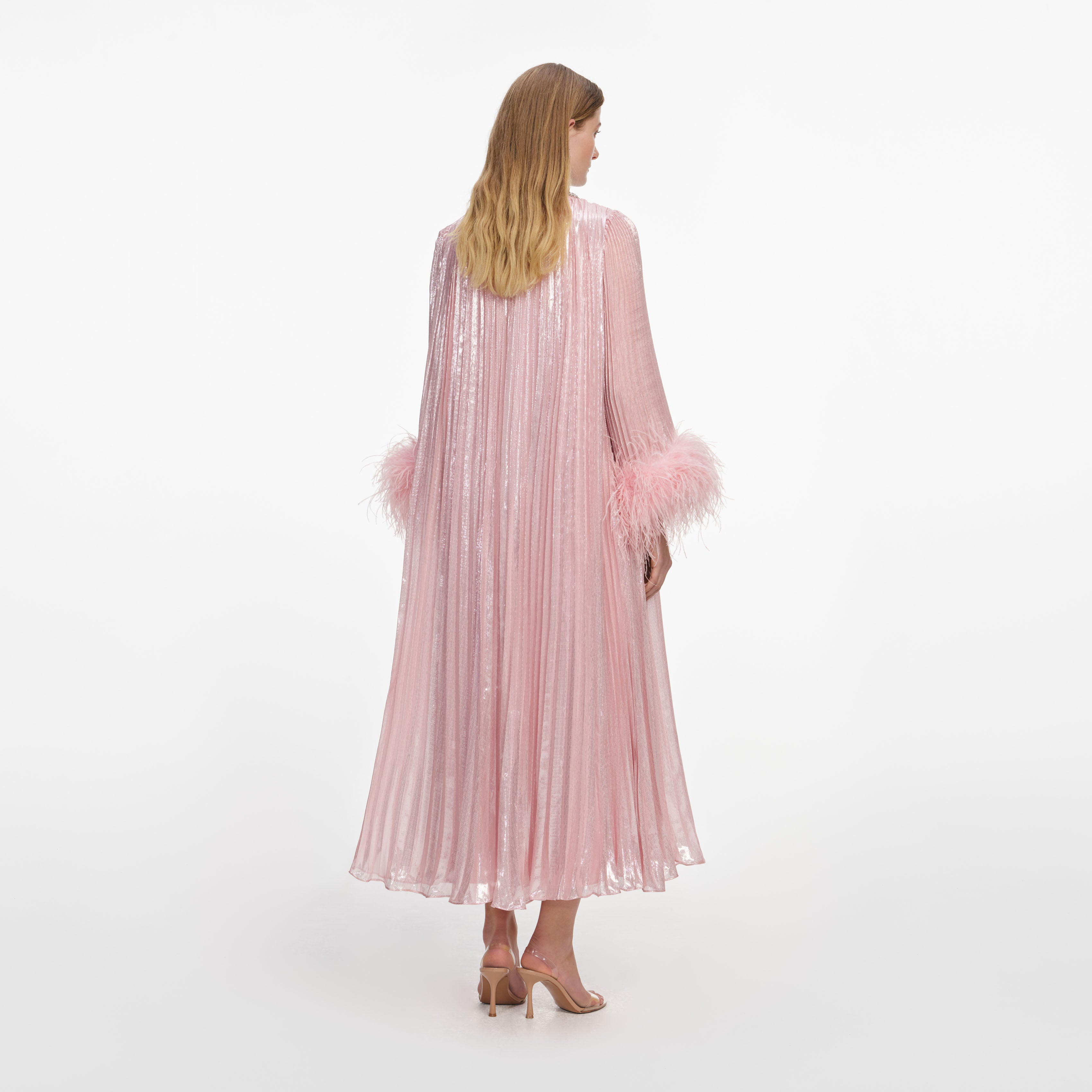 Self Portrait Pink Metallic Chiffon Midi Kleid Feder