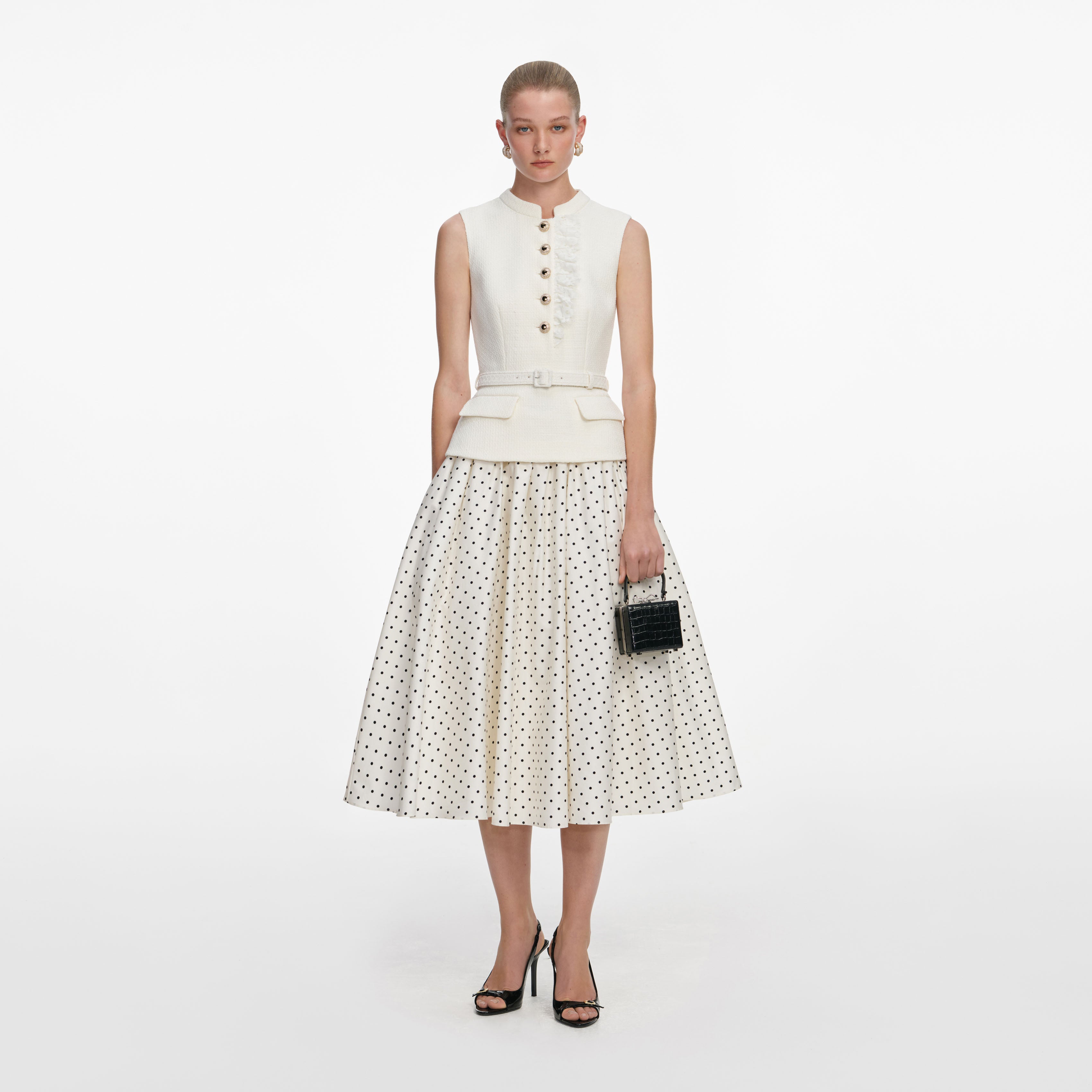 Self Portrait Boucle Polka Dot Midikleid Creme UK 6