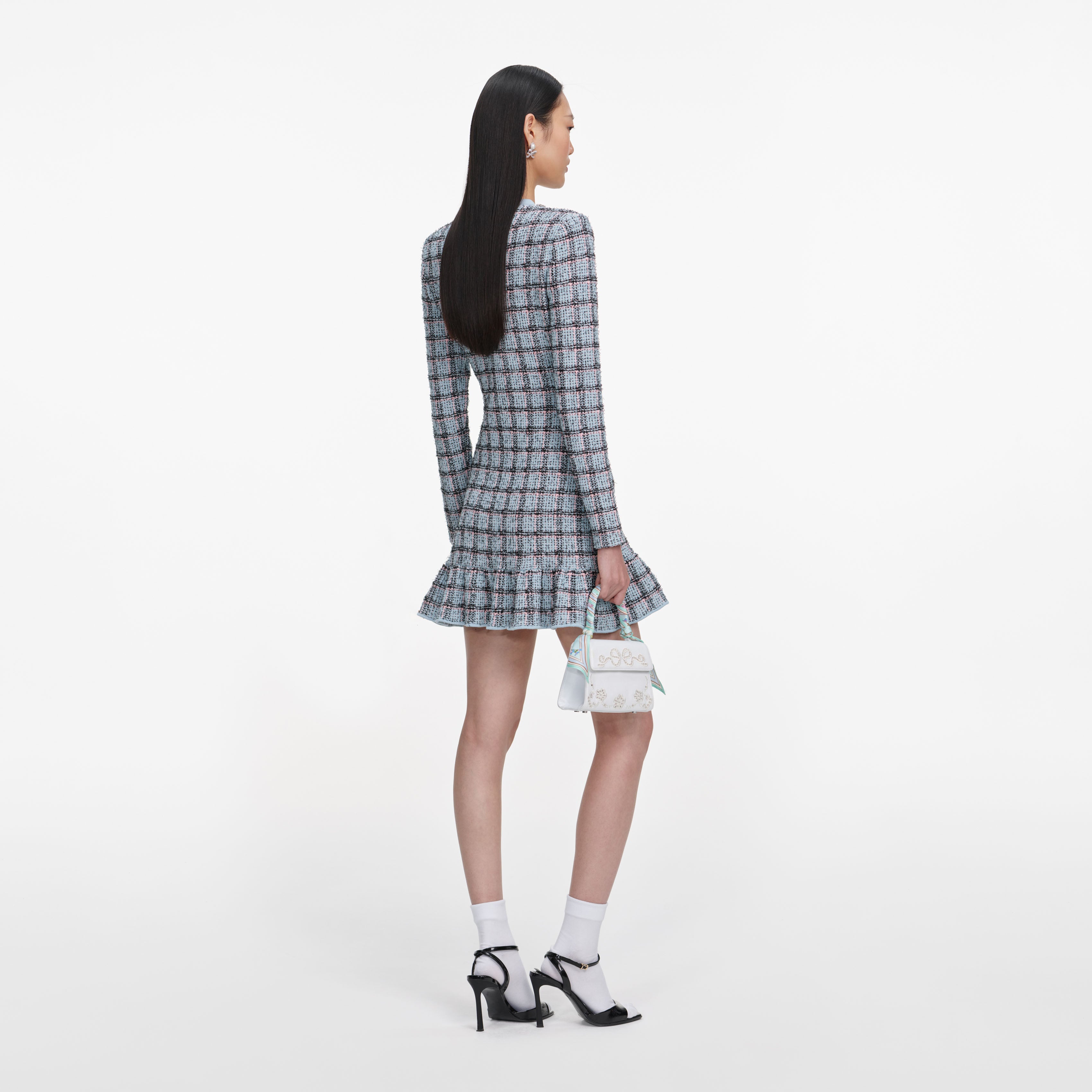 Self Portrait Blue Check Knit Minikleid Strickkleid Blau S Knöpfe