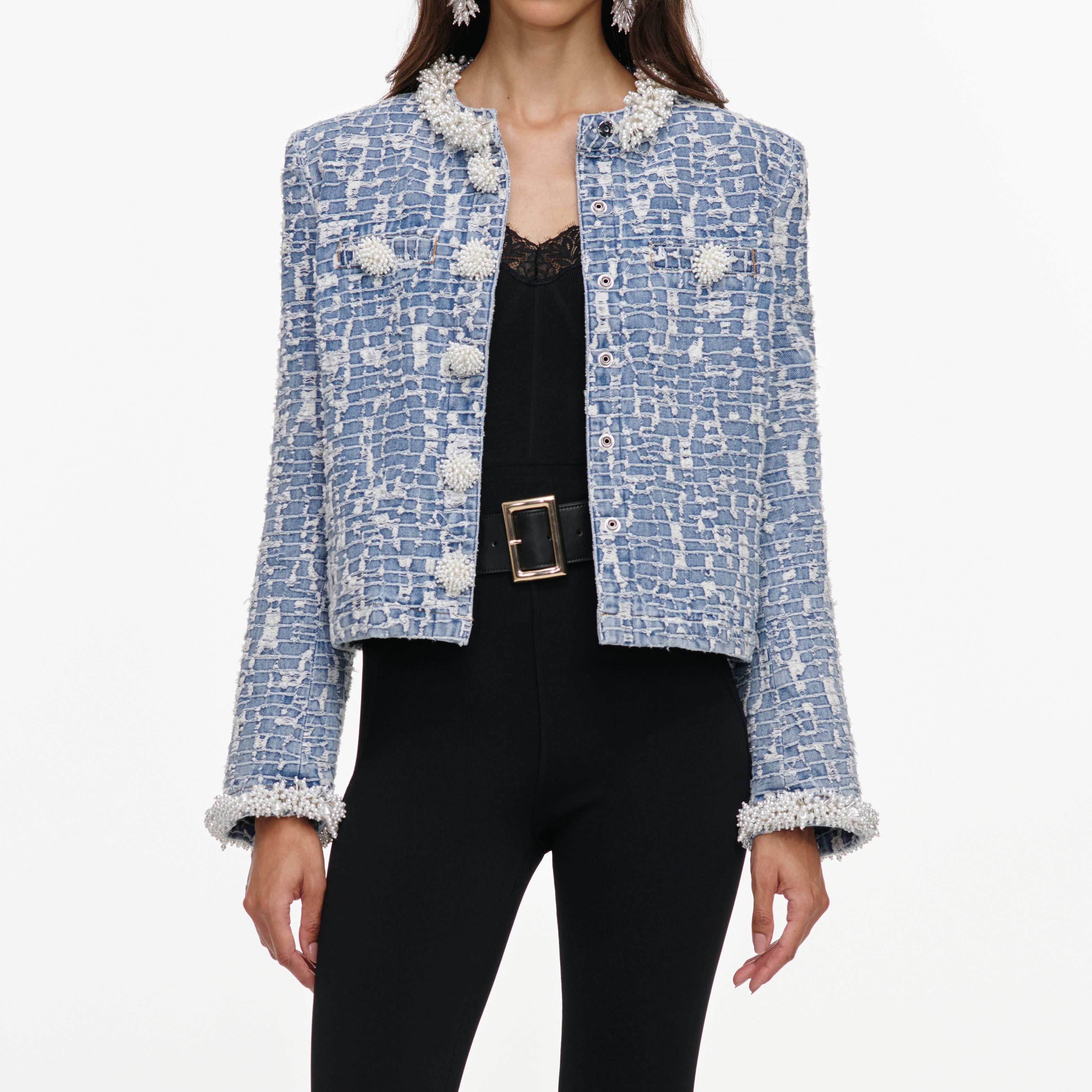Self Portrait Blue Textured Denim Jacke Blau UK 8 Perlen