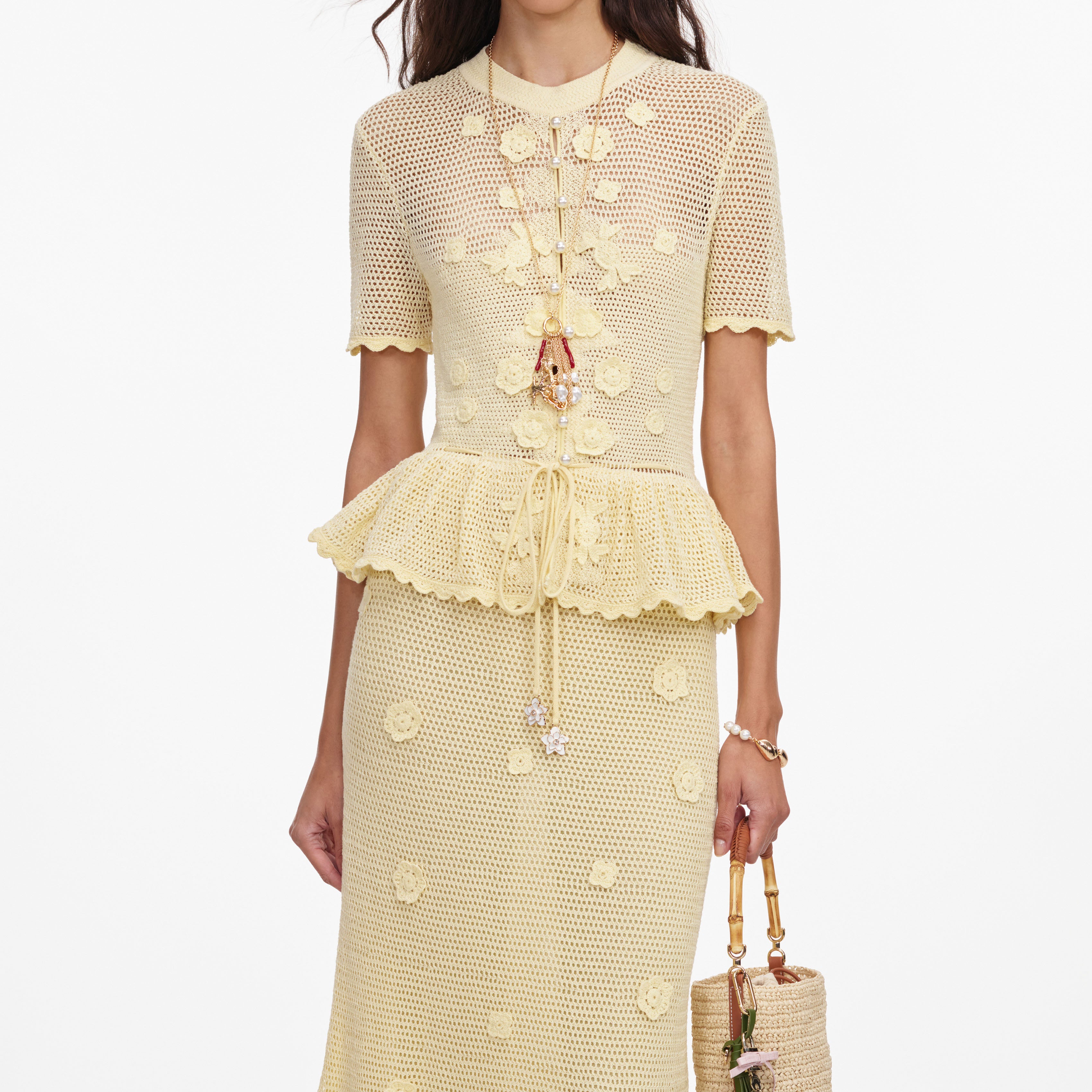 Self Portrait Yellow Floral Crochet Midi Kleid Gelb S Baumwolle