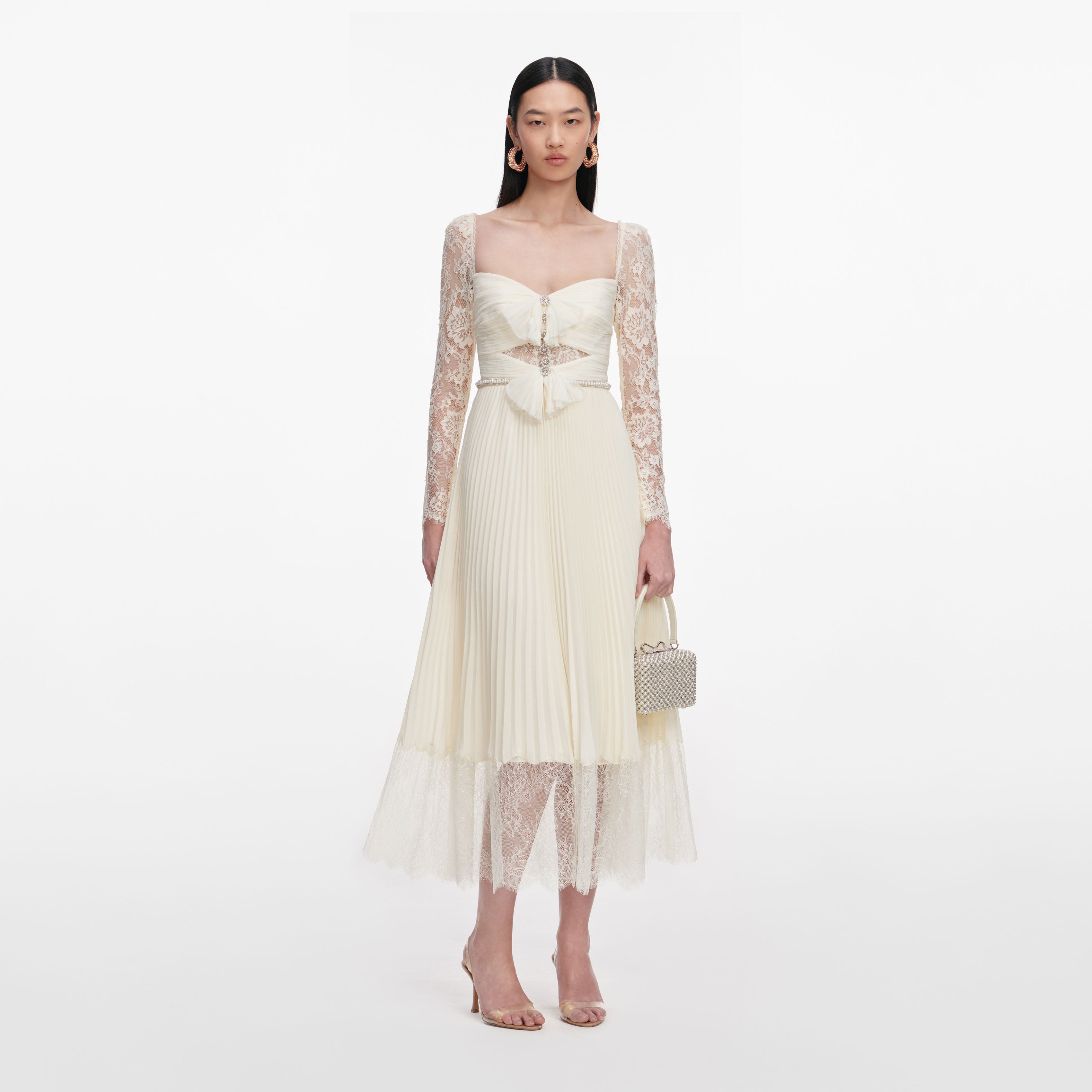 Self Portrait Cream Chiffon Lace Midikleid Creme UK 8 Braut