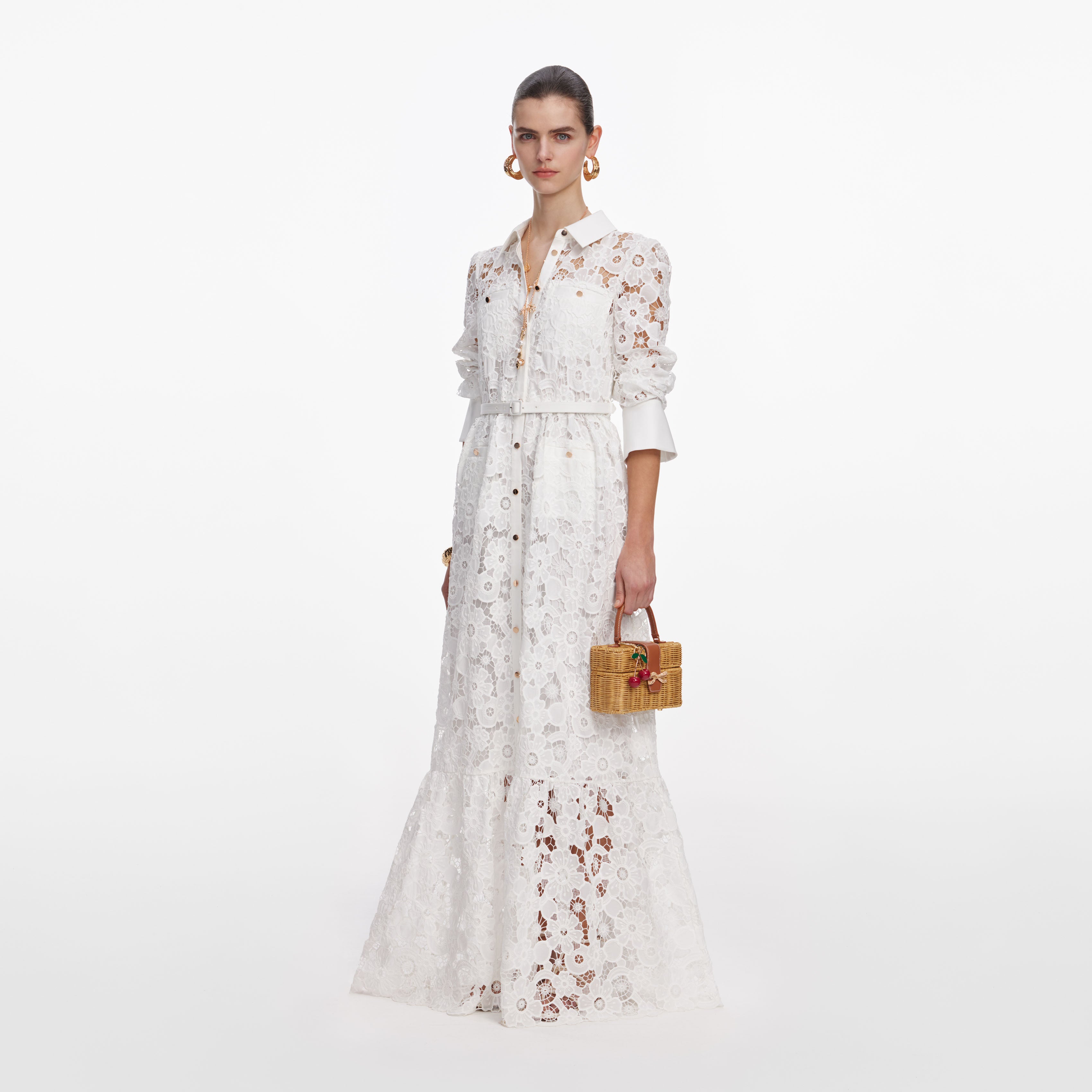 Self Portrait Lace Collared Maxi Kleid Weiß Spitze