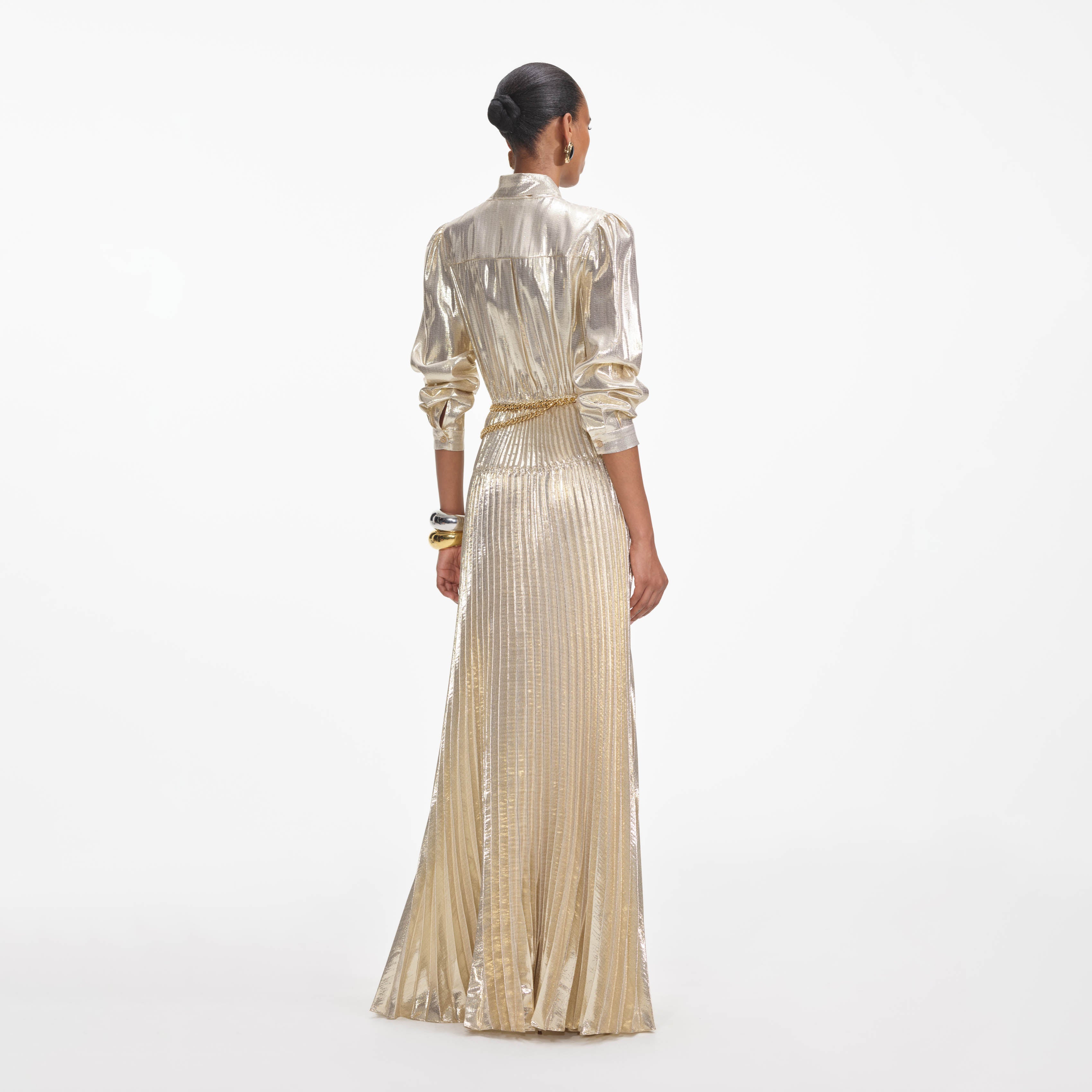 Self Portrait Gold Metallic Tie Neck Maxikleid Gold mit Gürtel