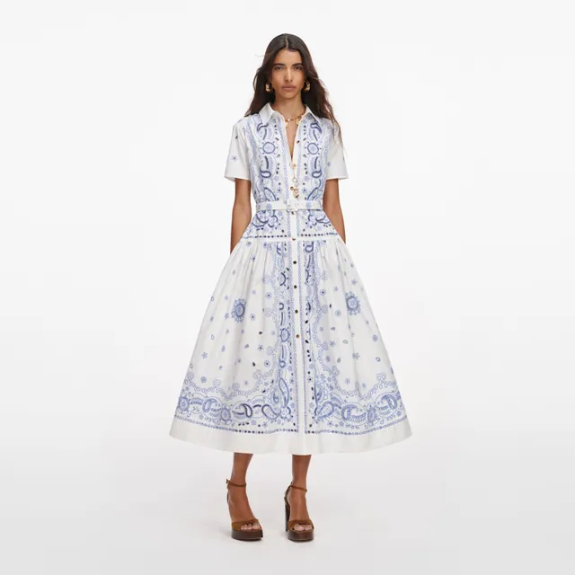 Self Portrait White Blue Embroidered Midi Kleid Weiss