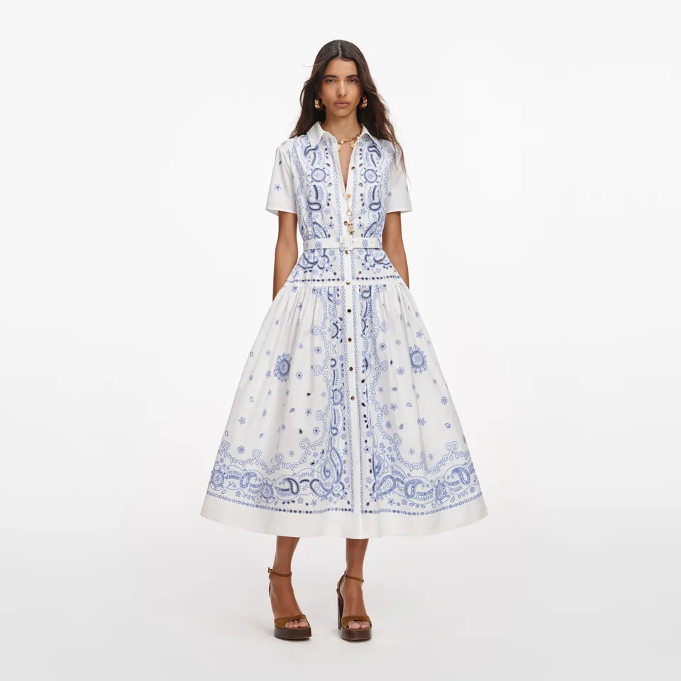 Self Portrait White Blue Embroidered Midi Kleid Weiss