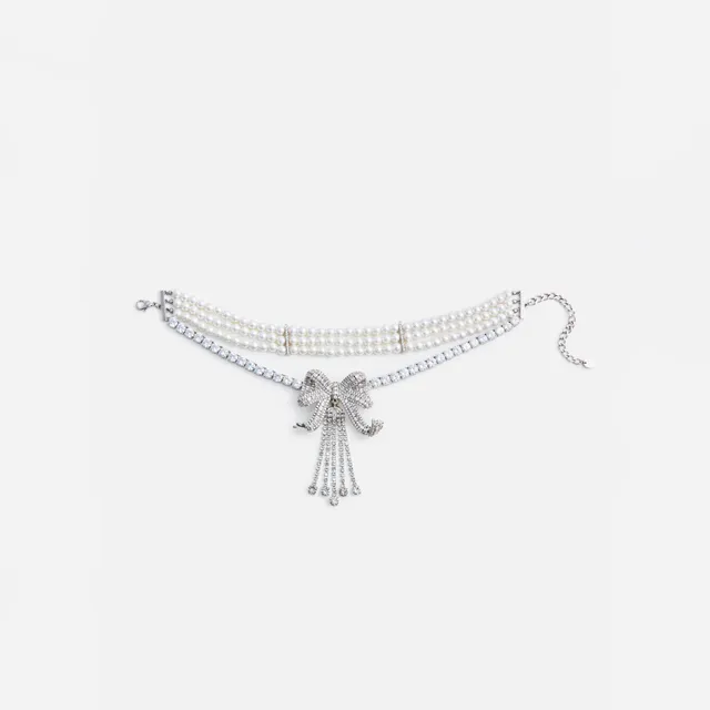 Self Portrait Crystal Bow Perlenkette Creme Silber