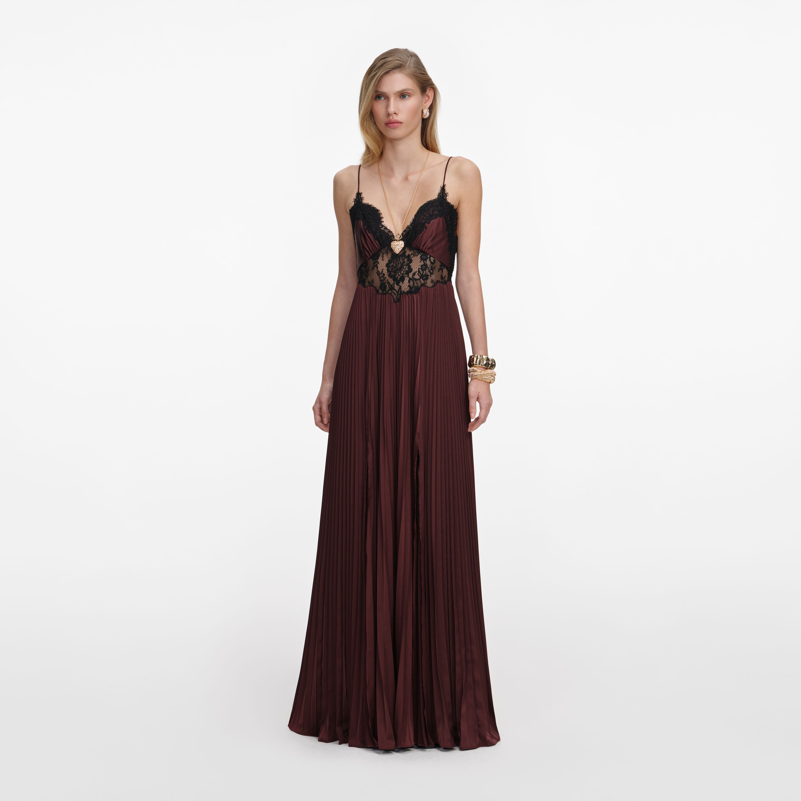 Self Portrait Brown Satin Lace Insert Maxi Kleid Braun