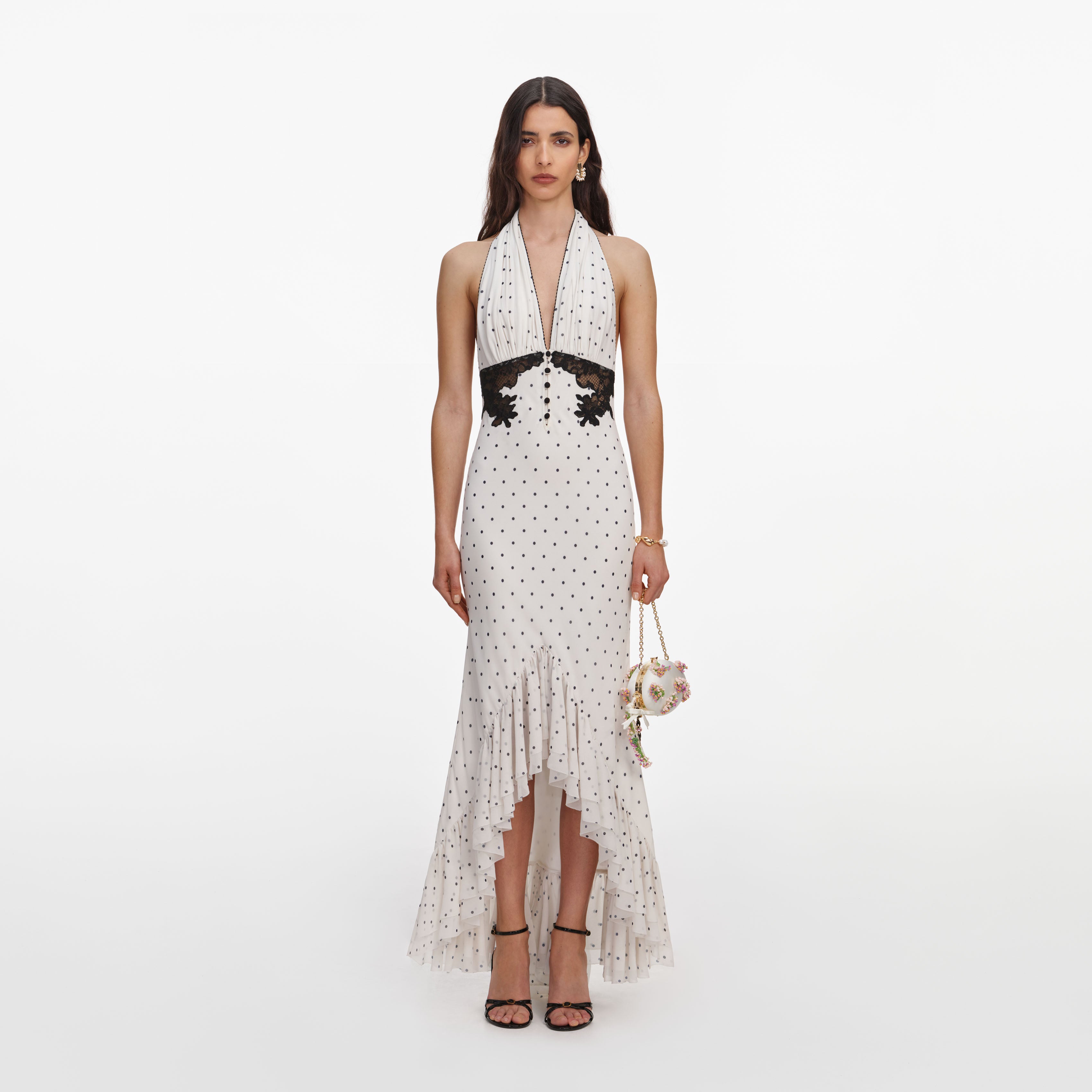 Self Portrait Polka Dot Halter Midi Kleid Weiß