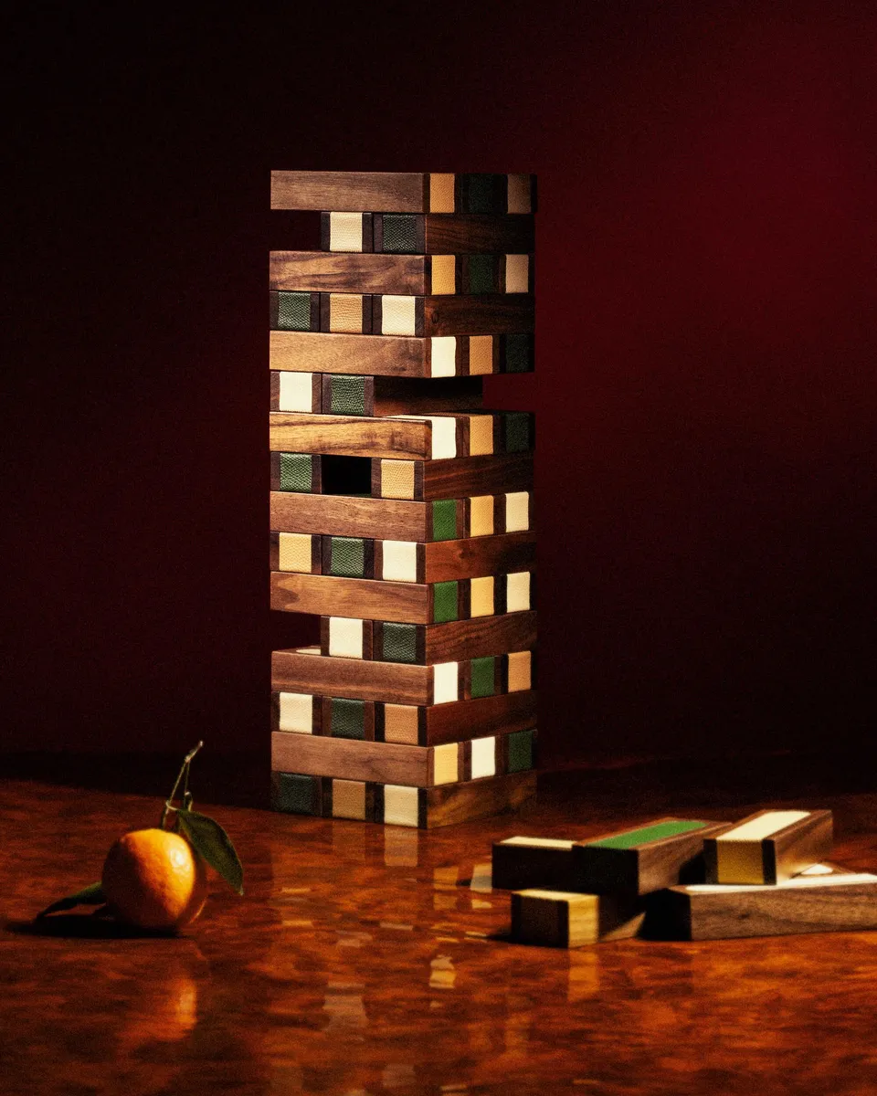 Drôle De Monsieur Jenga Gesellschaftsspiel Walnuss Leder 54 Teile