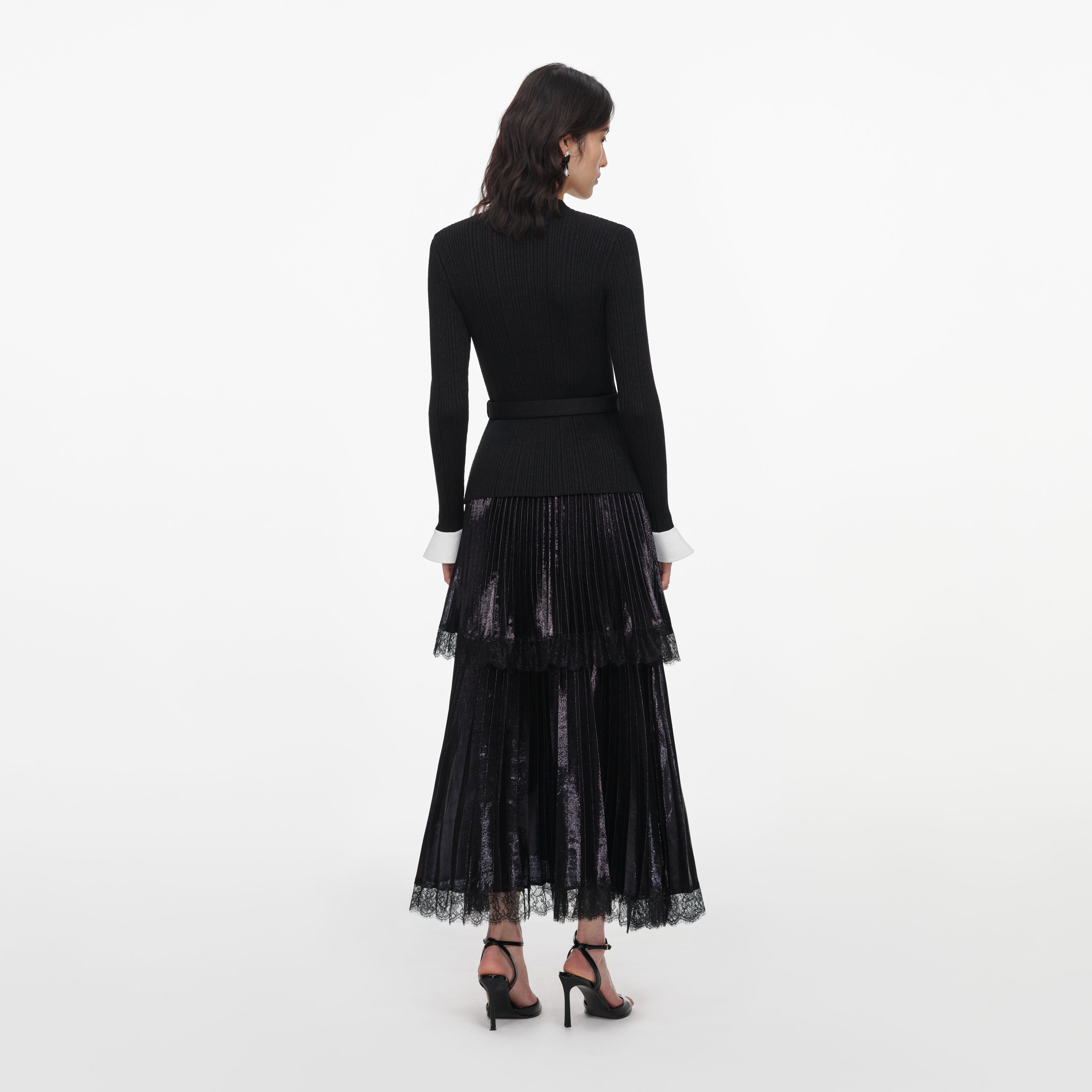 Self Portrait Black Knit Chiffon Midi Dress Schwarz