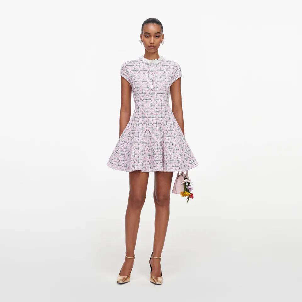Self Portrait Check Strick Minikleid Rosa Perlen Knopfleiste