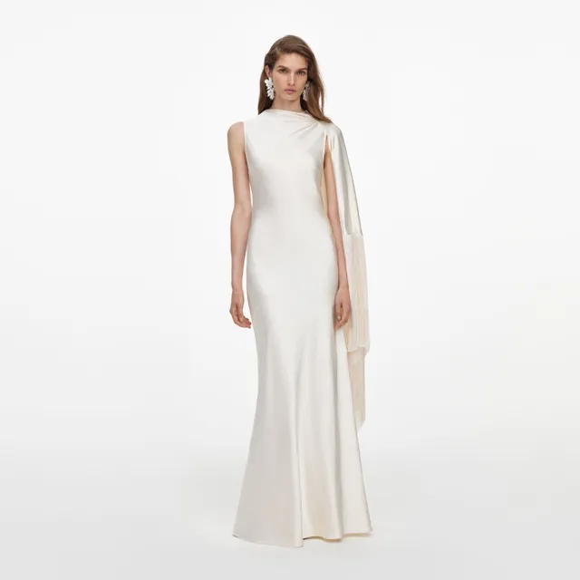 Self Portrait Dresses Cream Satin Fringed Maxi Kleid Creme UK 8